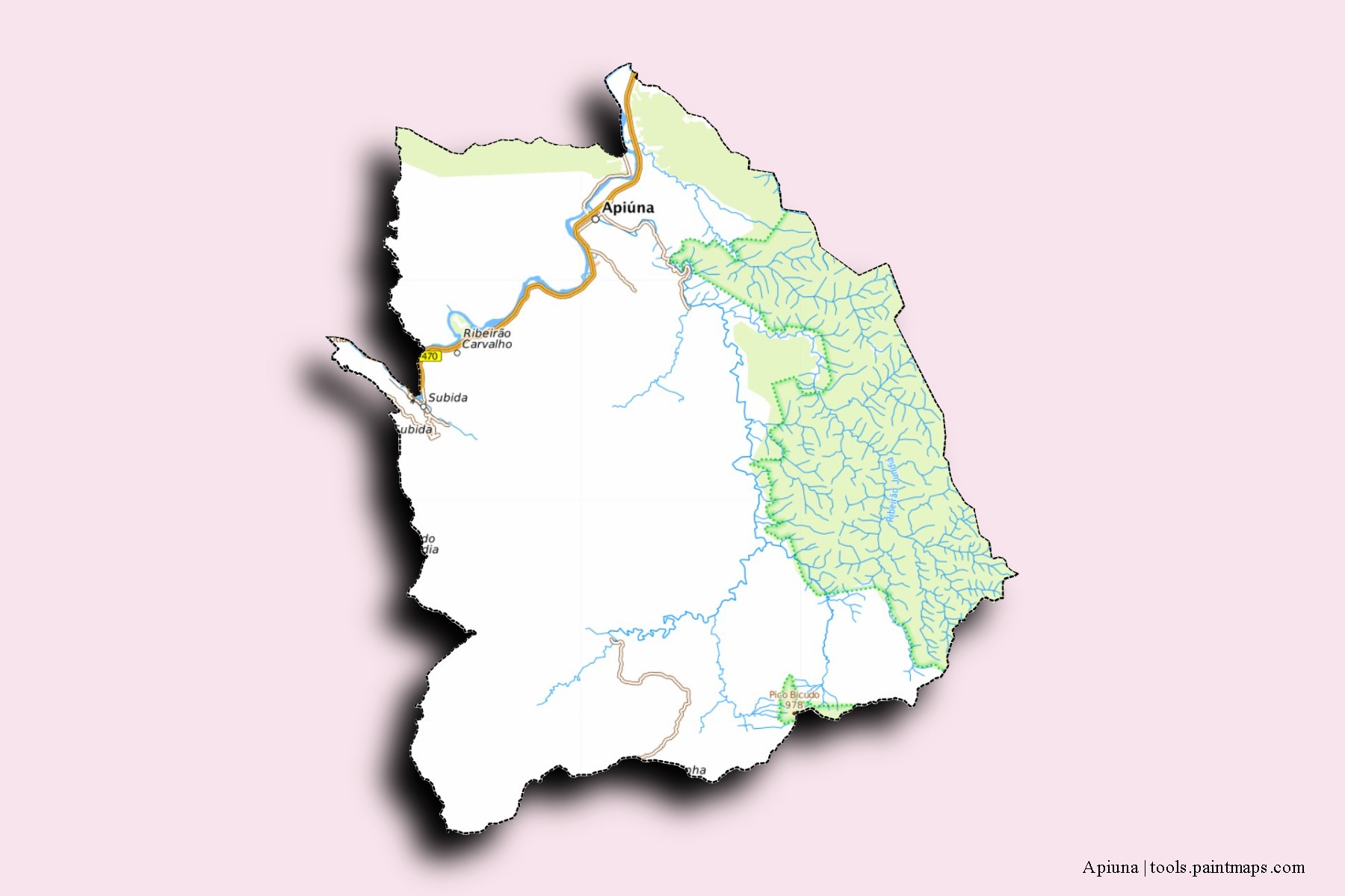 Mapa de barrios y pueblos de Apiuna con efecto de sombra 3D