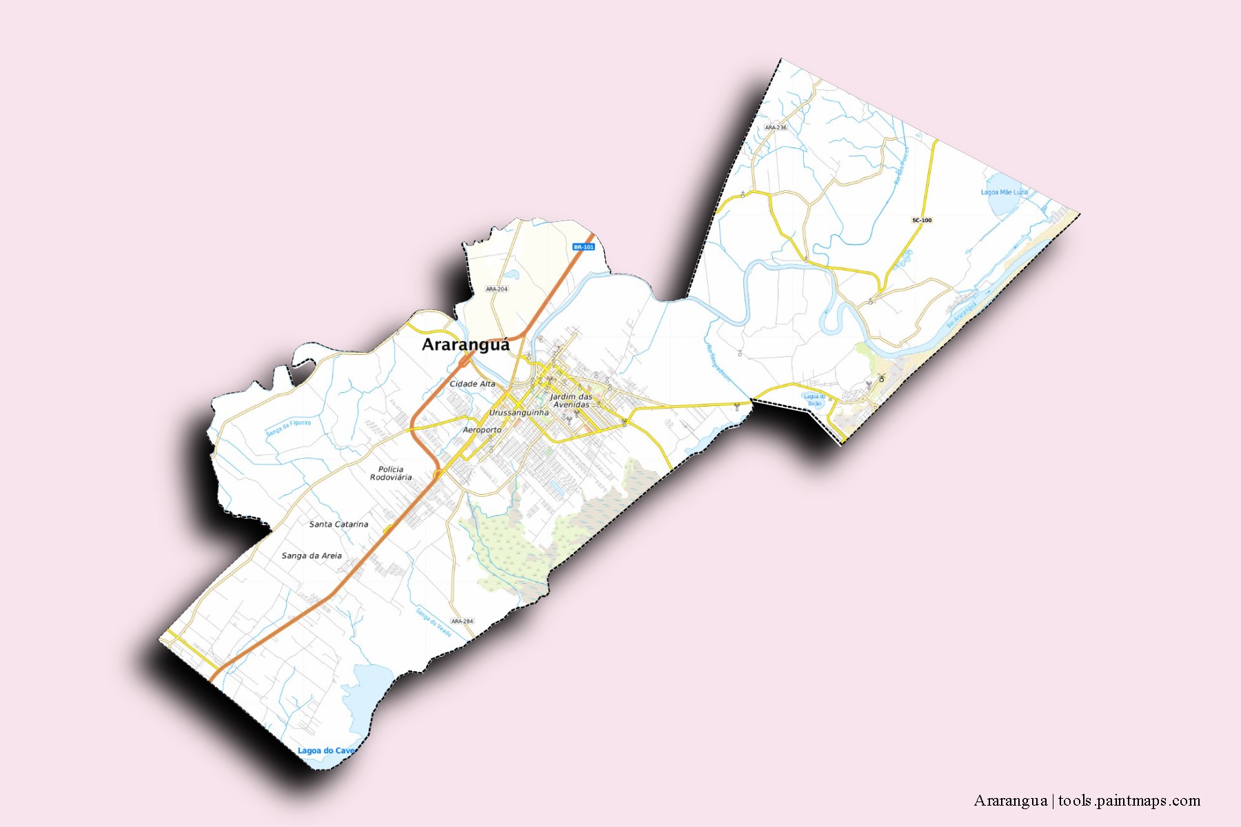 Mapa de barrios y pueblos de Ararangua con efecto de sombra 3D