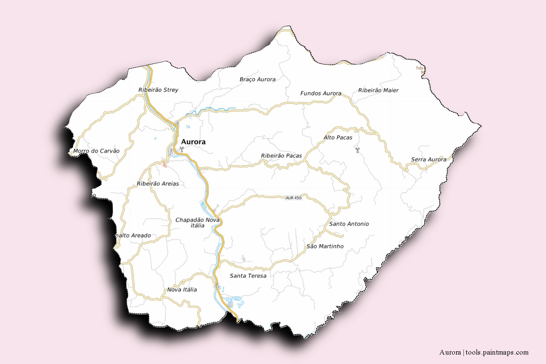 Mapa de barrios y pueblos de Aurora con efecto de sombra 3D