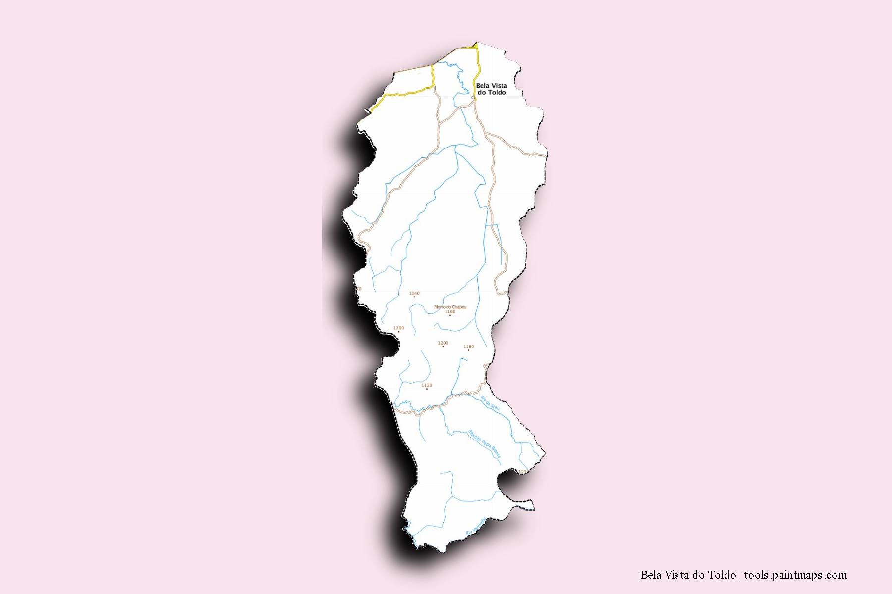 Mapa de barrios y pueblos de Bela Vista do Toldo con efecto de sombra 3D