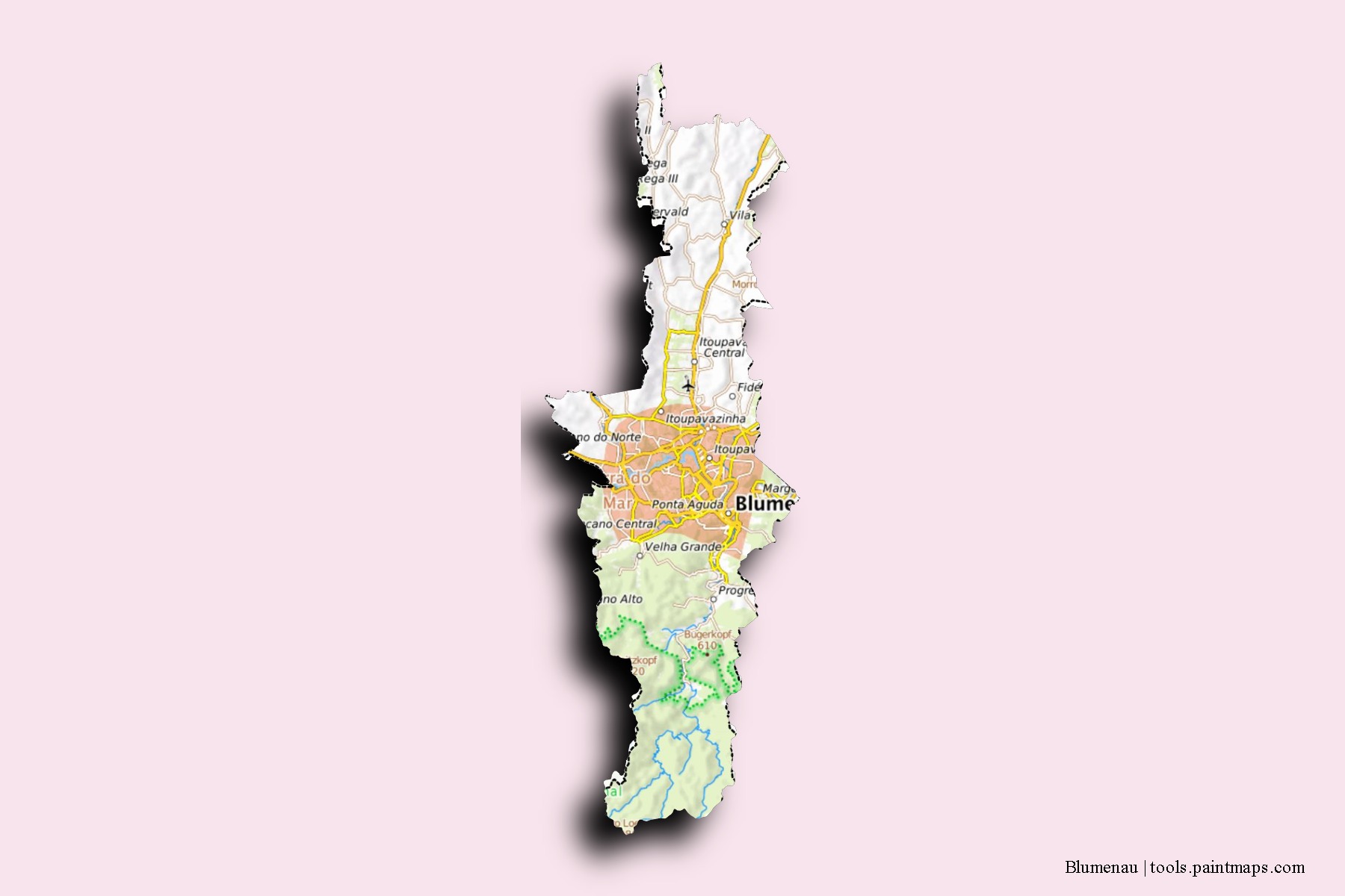 Mapa de barrios y pueblos de Blumenau con efecto de sombra 3D