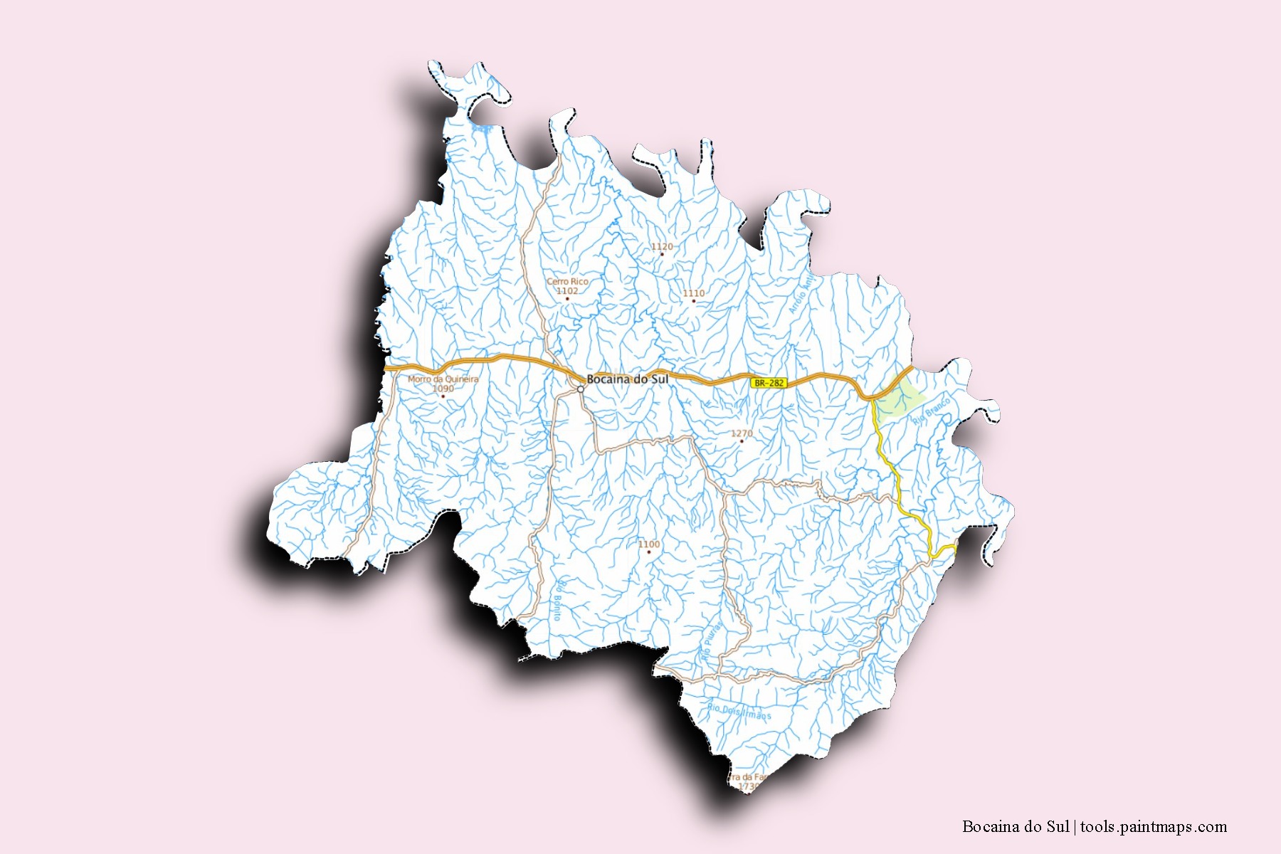 Mapa de barrios y pueblos de Bocaina do Sul con efecto de sombra 3D