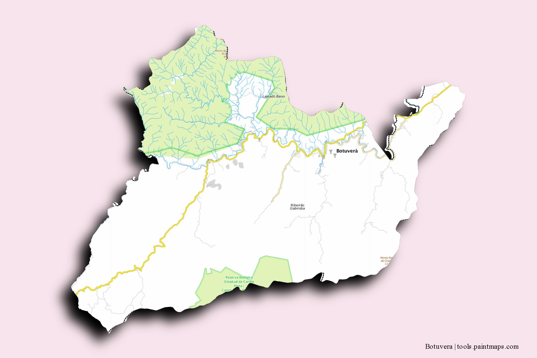 Mapa de barrios y pueblos de Botuvera con efecto de sombra 3D