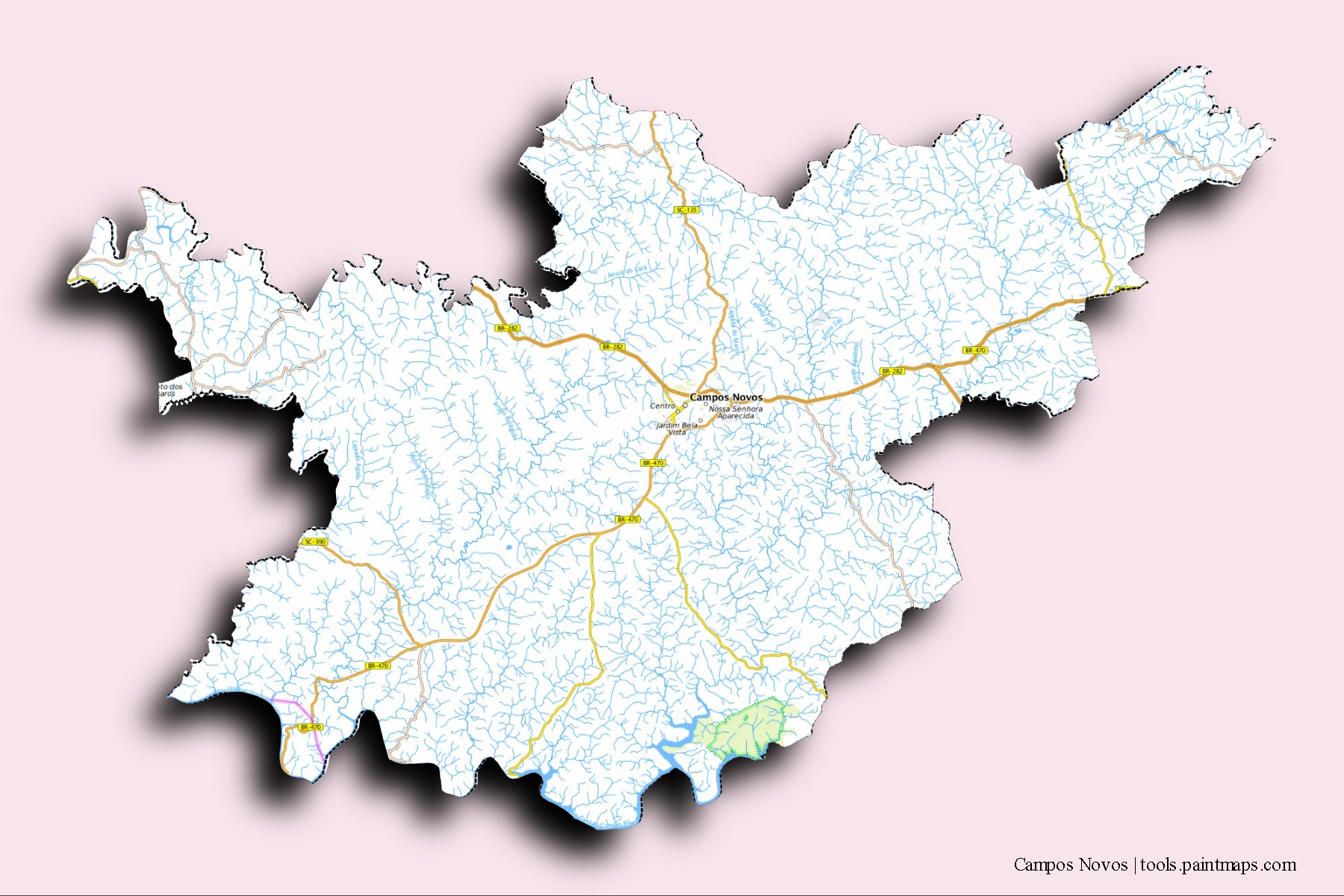 Mapa de barrios y pueblos de Campos Novos con efecto de sombra 3D