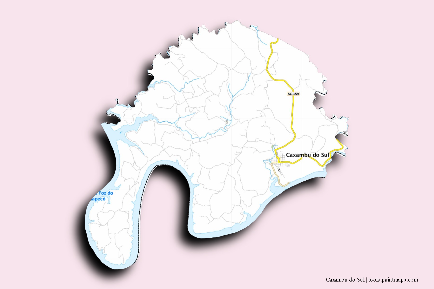 Mapa de barrios y pueblos de Caxambu do Sul con efecto de sombra 3D