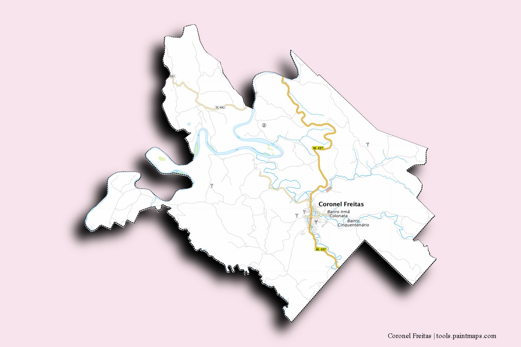 Coronel Freitas neighborhoods and villages map with 3D shadow effect