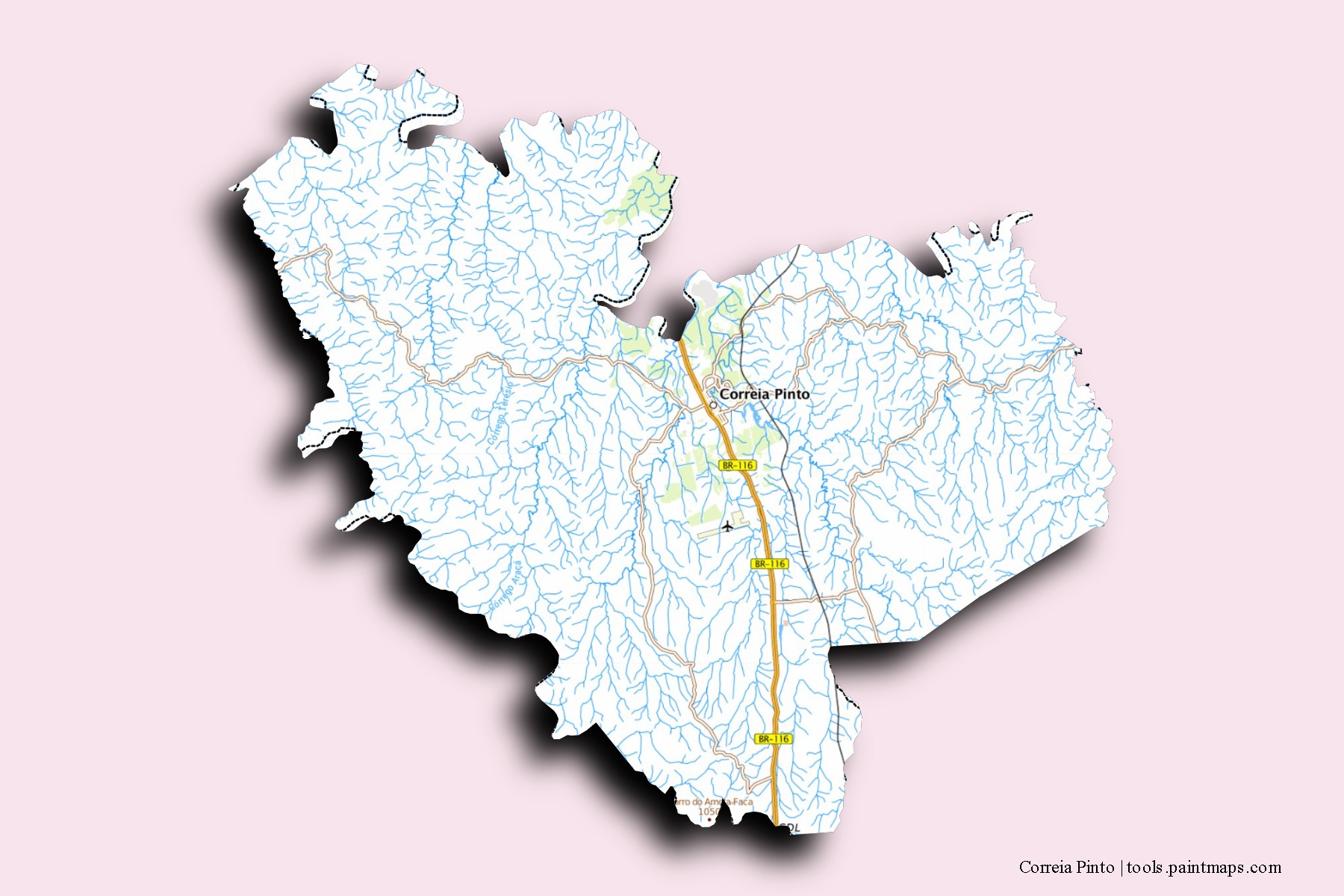 Correia Pinto neighborhoods and villages map with 3D shadow effect