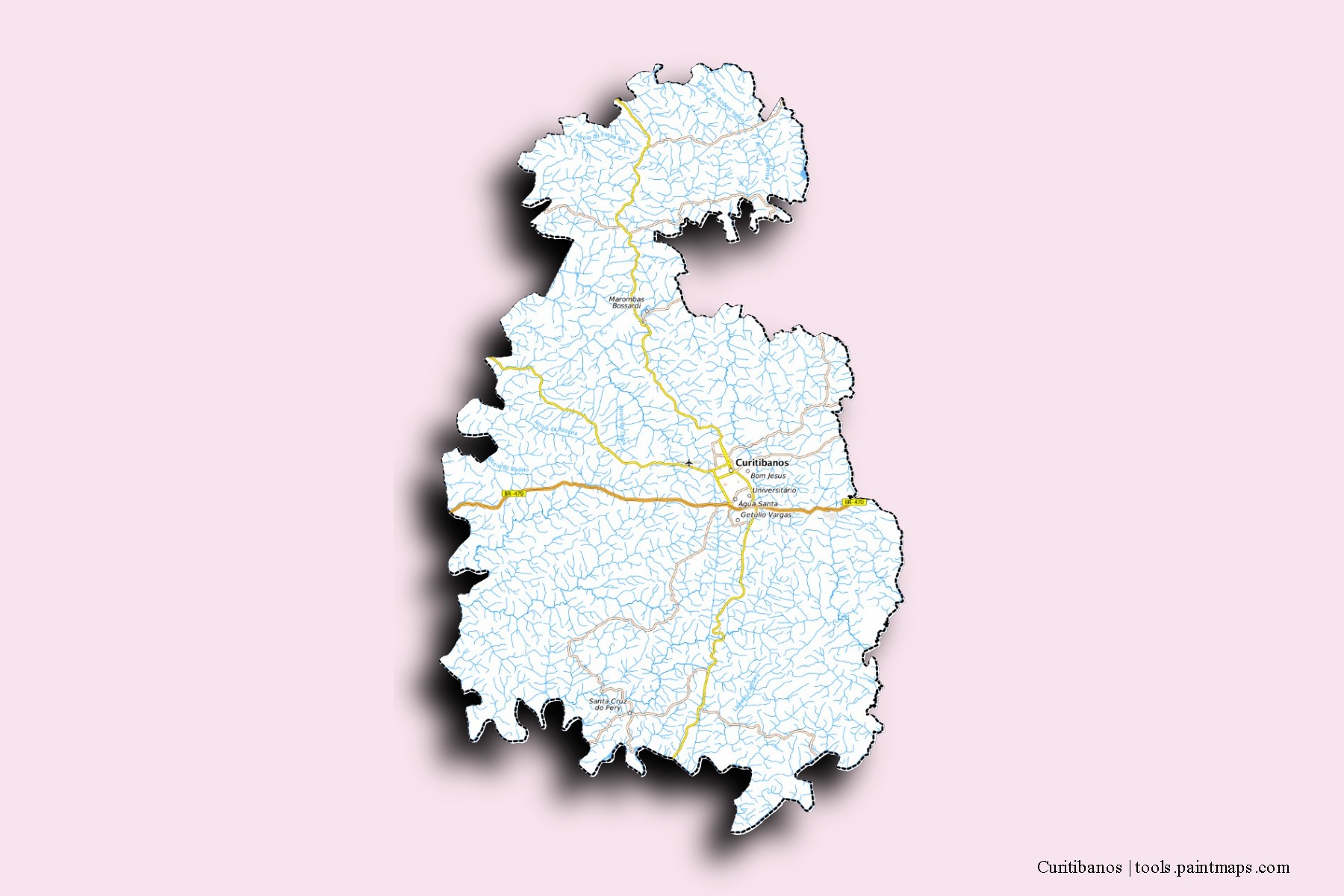 Curitibanos neighborhoods and villages map with 3D shadow effect