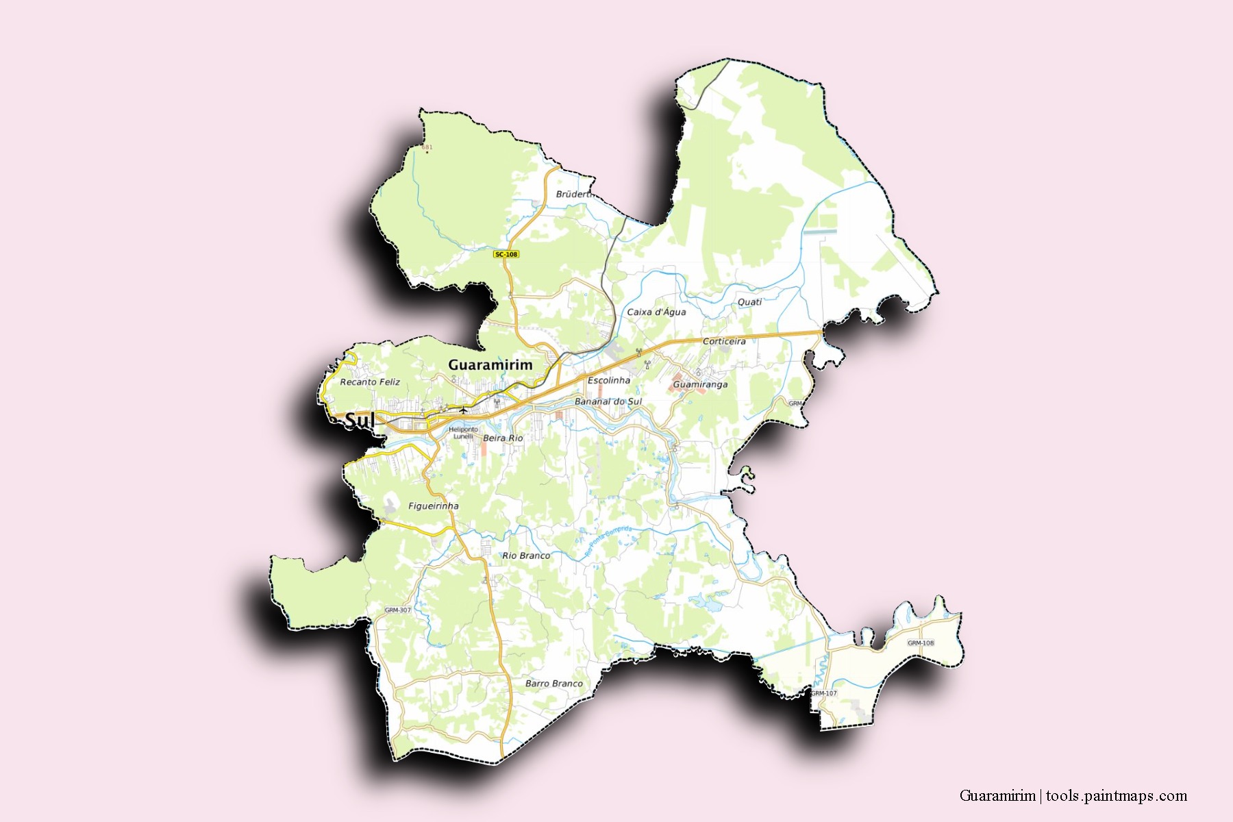 Guaramirim neighborhoods and villages map with 3D shadow effect