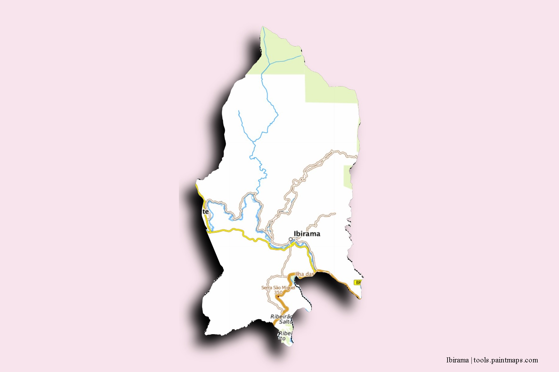 Mapa de barrios y pueblos de Ibirama con efecto de sombra 3D