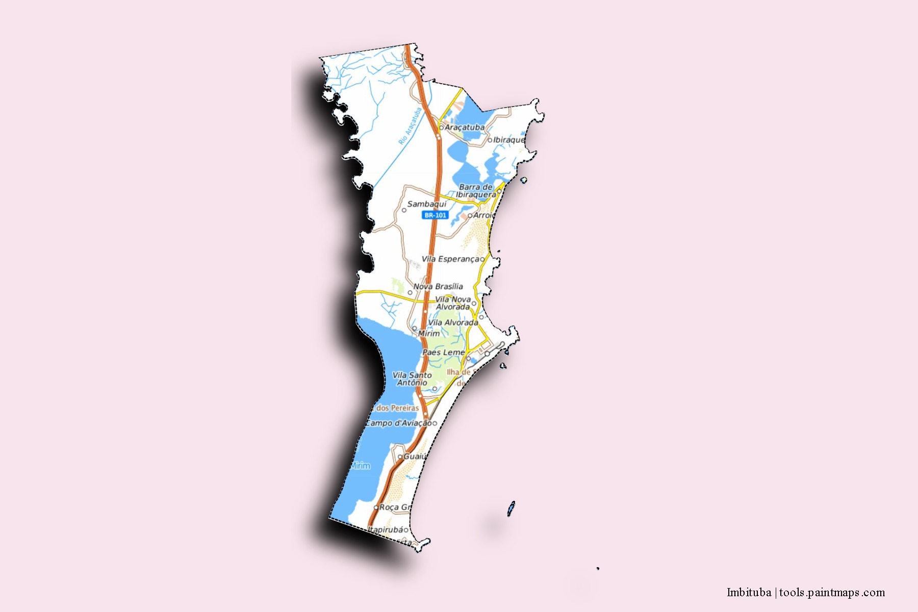 Mapa de barrios y pueblos de Imbituba con efecto de sombra 3D