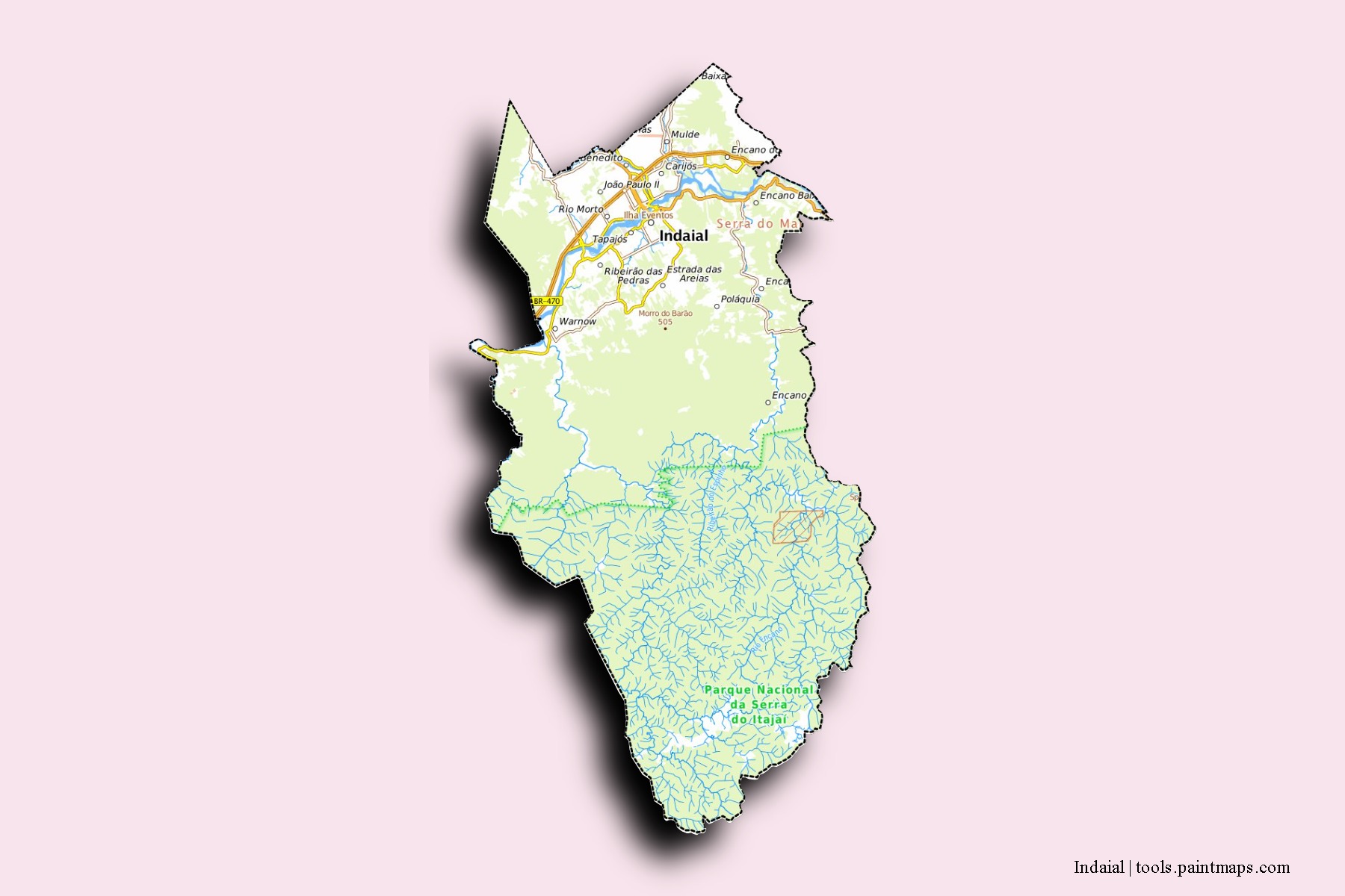 Indaial neighborhoods and villages map with 3D shadow effect