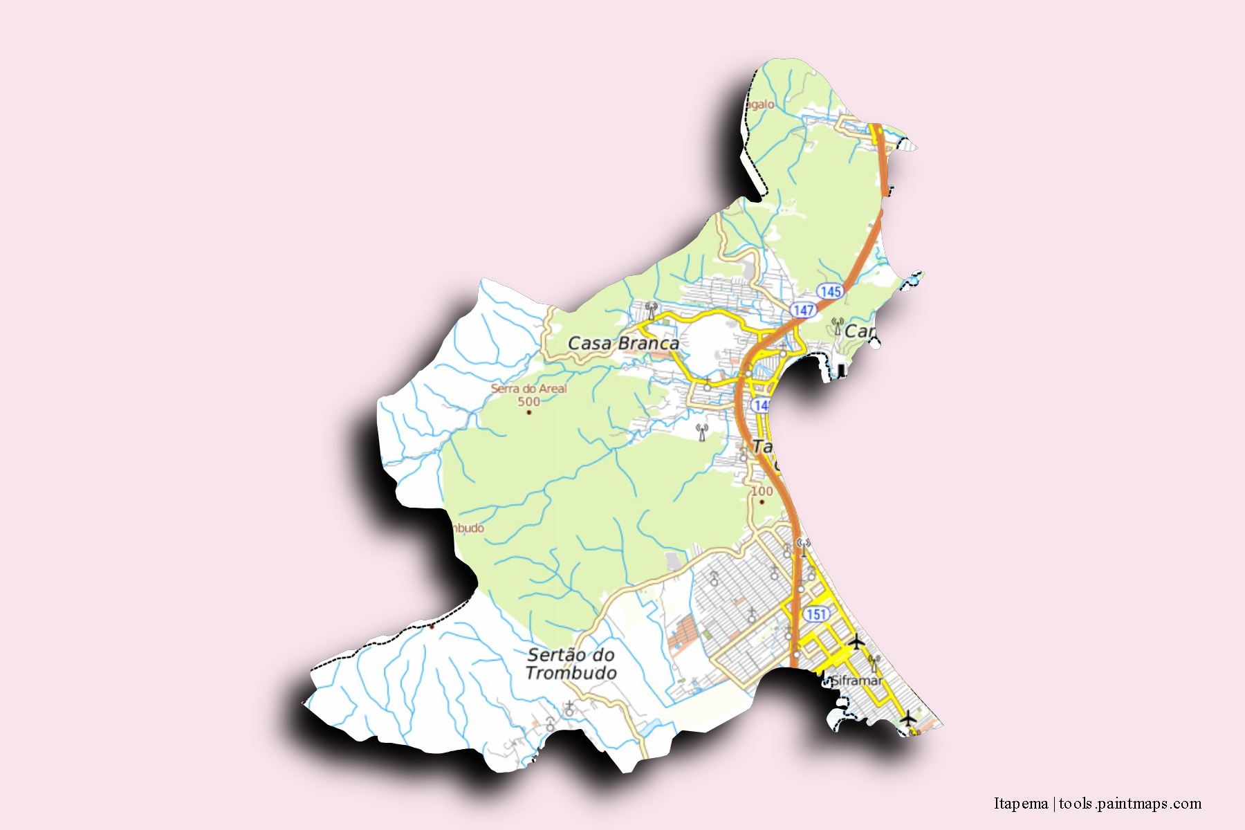 Itapema neighborhoods and villages map with 3D shadow effect