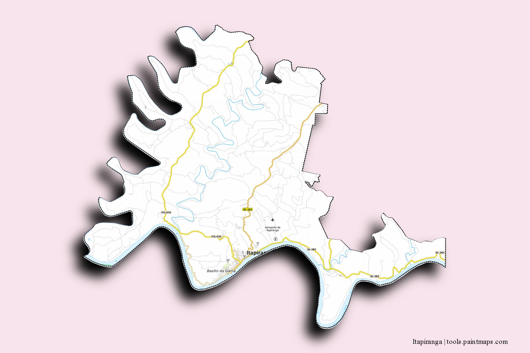 Itapiranga neighborhoods and villages map with 3D shadow effect