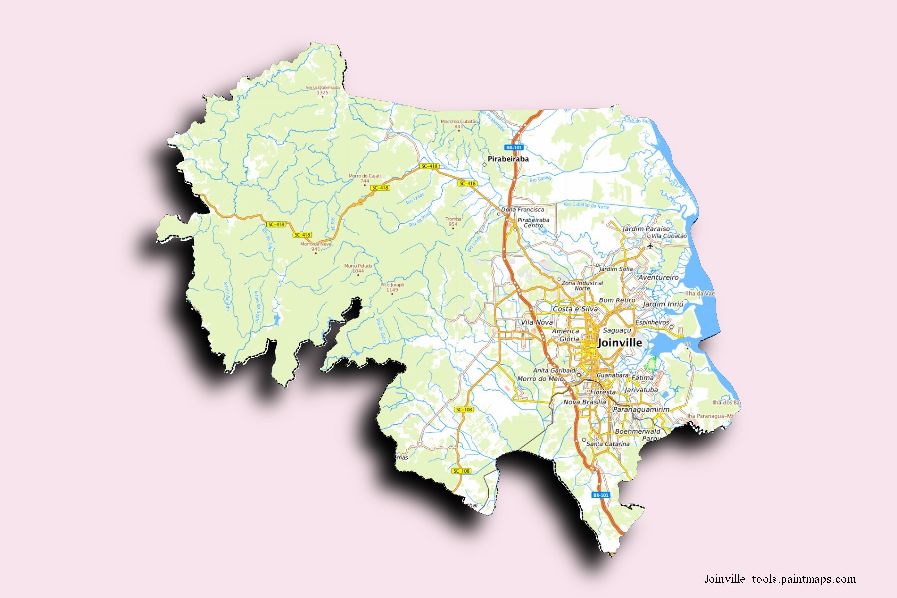 Joinville neighborhoods and villages map with 3D shadow effect