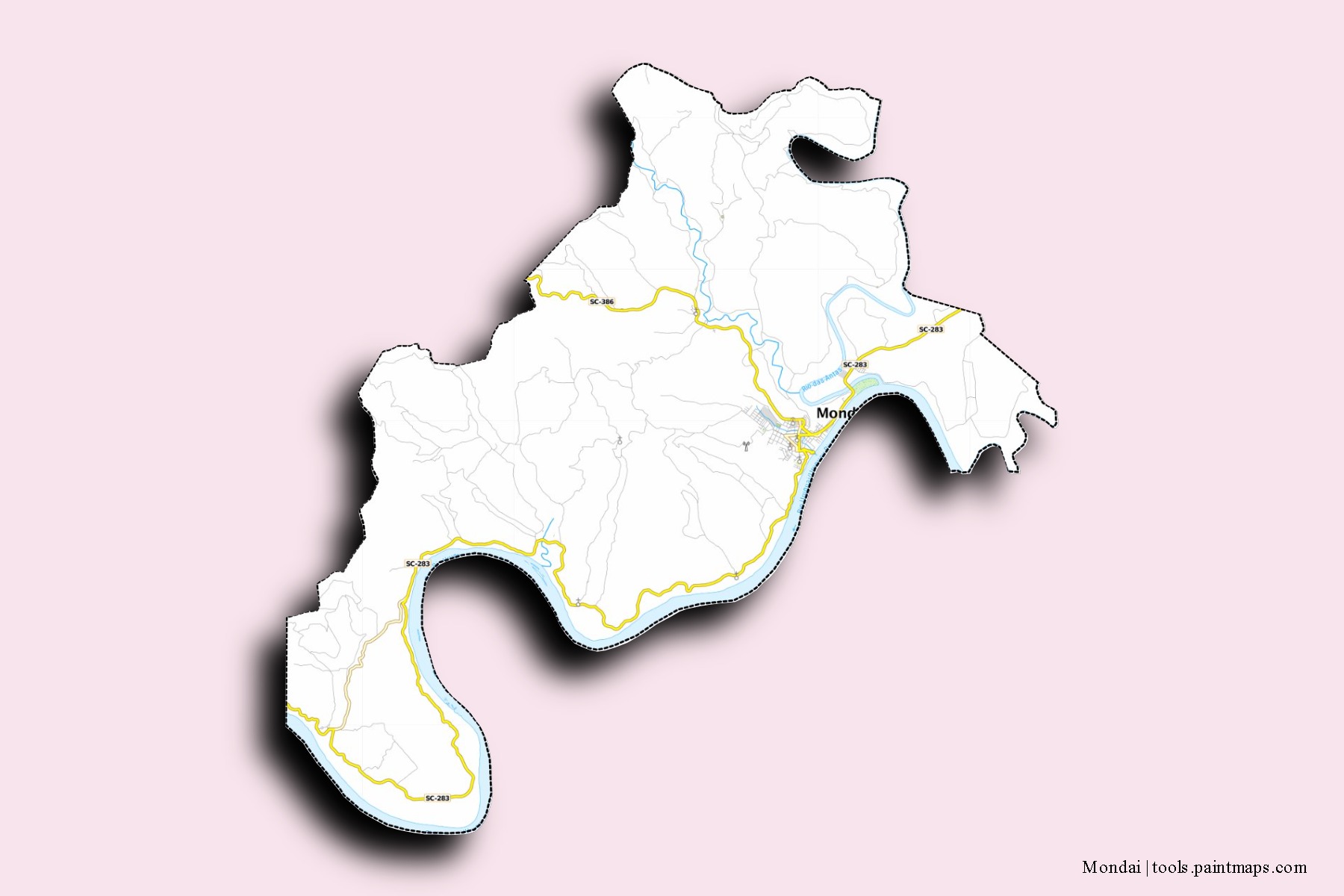 Mondai neighborhoods and villages map with 3D shadow effect