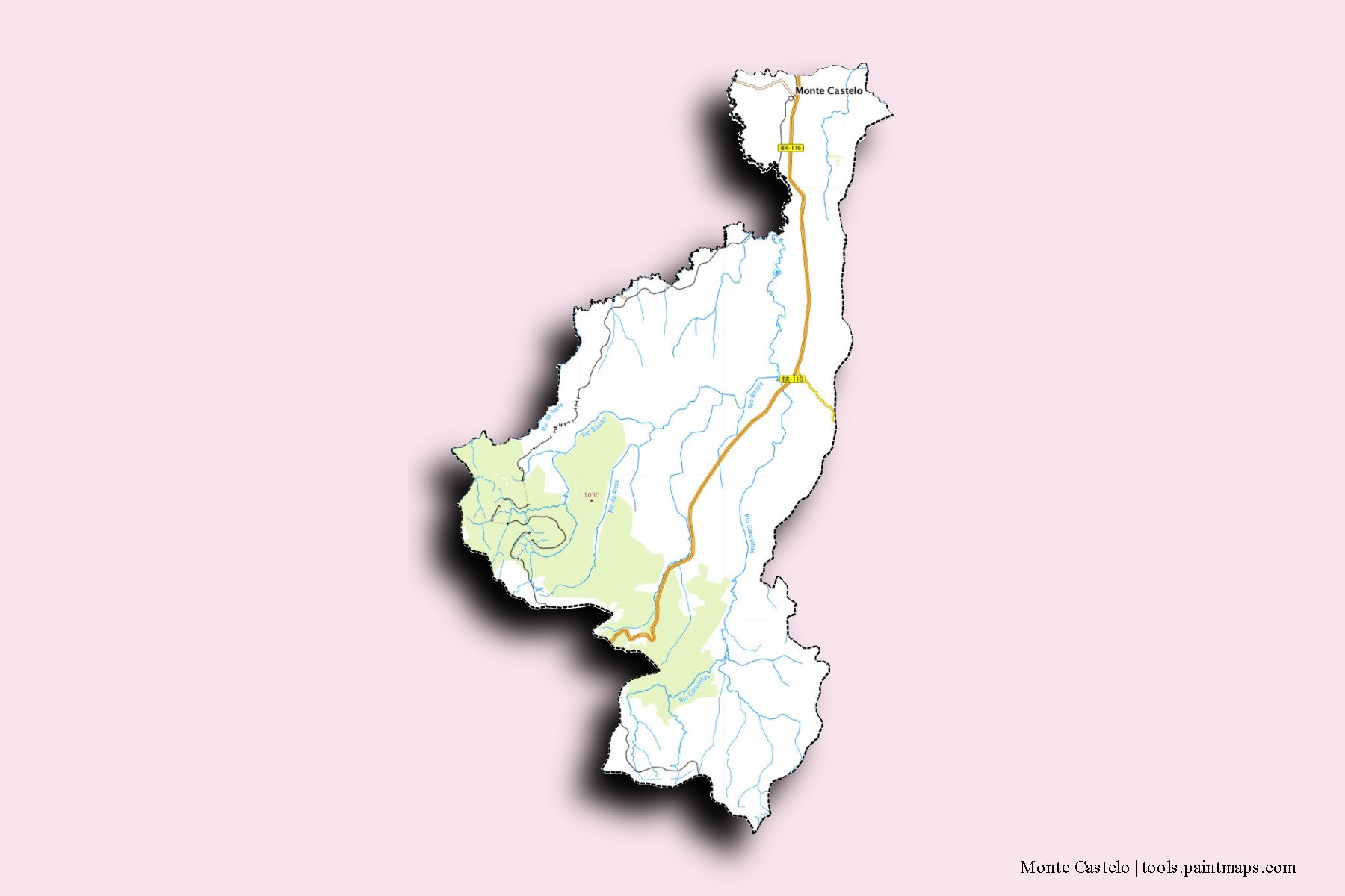 Monte Castelo neighborhoods and villages map with 3D shadow effect