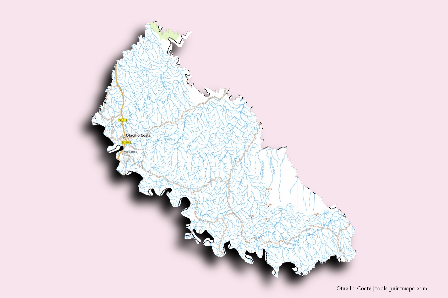 Otacilio Costa neighborhoods and villages map with 3D shadow effect