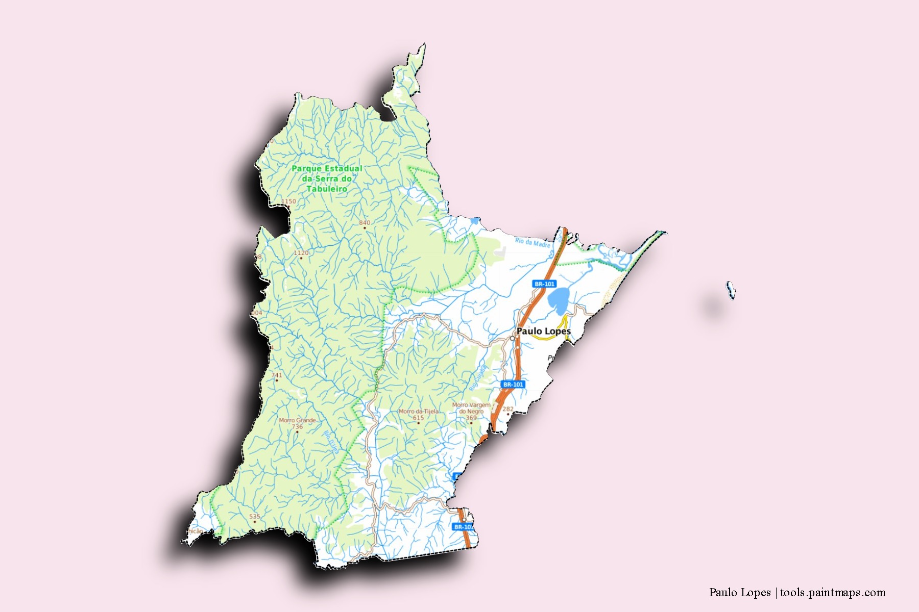 Mapa de barrios y pueblos de Paulo Lopes con efecto de sombra 3D