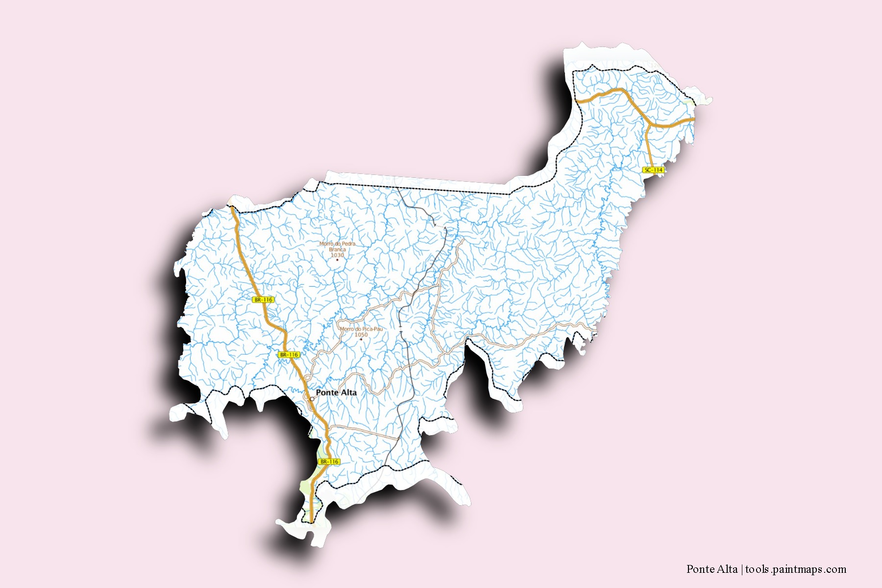 Ponte Alta neighborhoods and villages map with 3D shadow effect