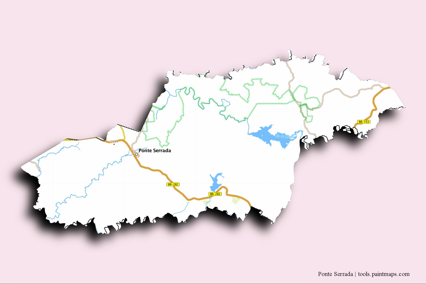 Mapa de barrios y pueblos de Ponte Serrada con efecto de sombra 3D