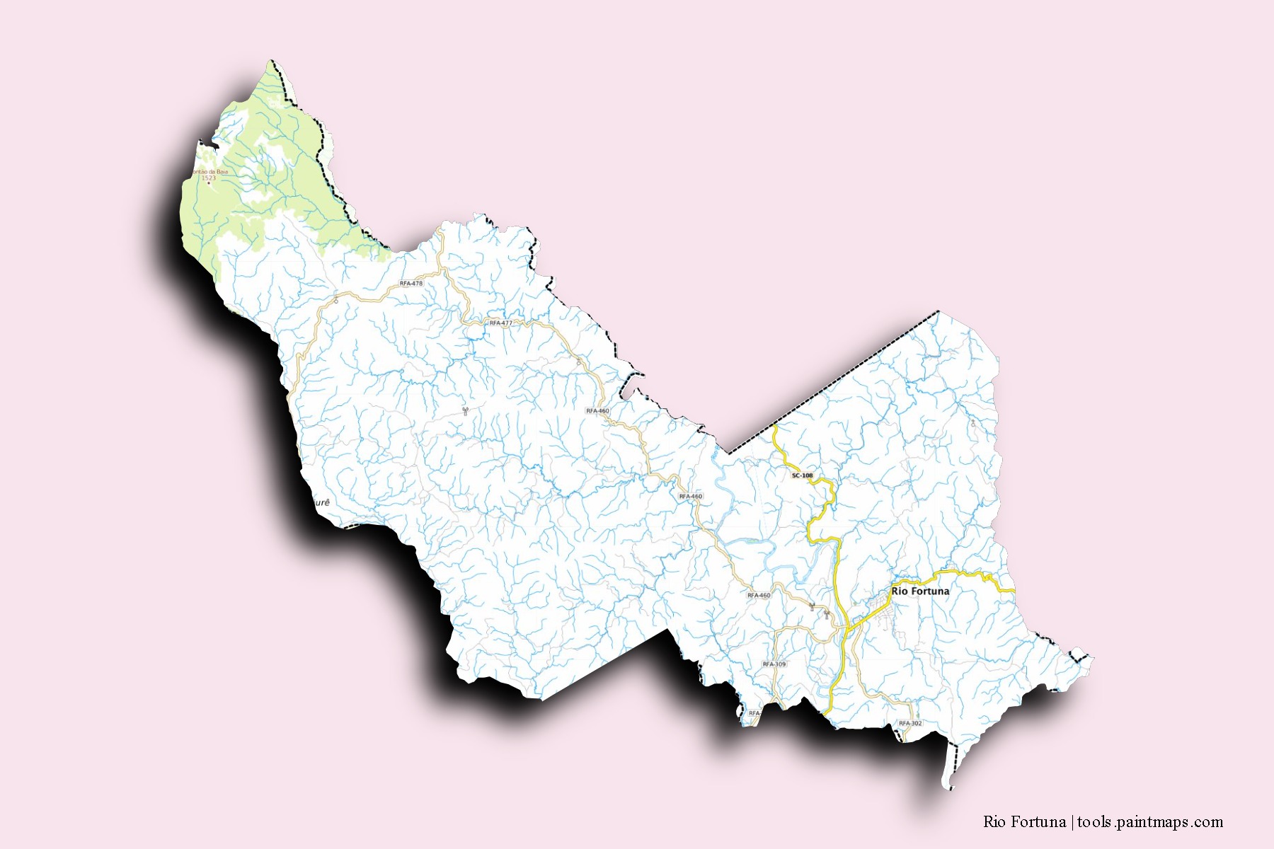 Mapa de barrios y pueblos de Rio Fortuna con efecto de sombra 3D