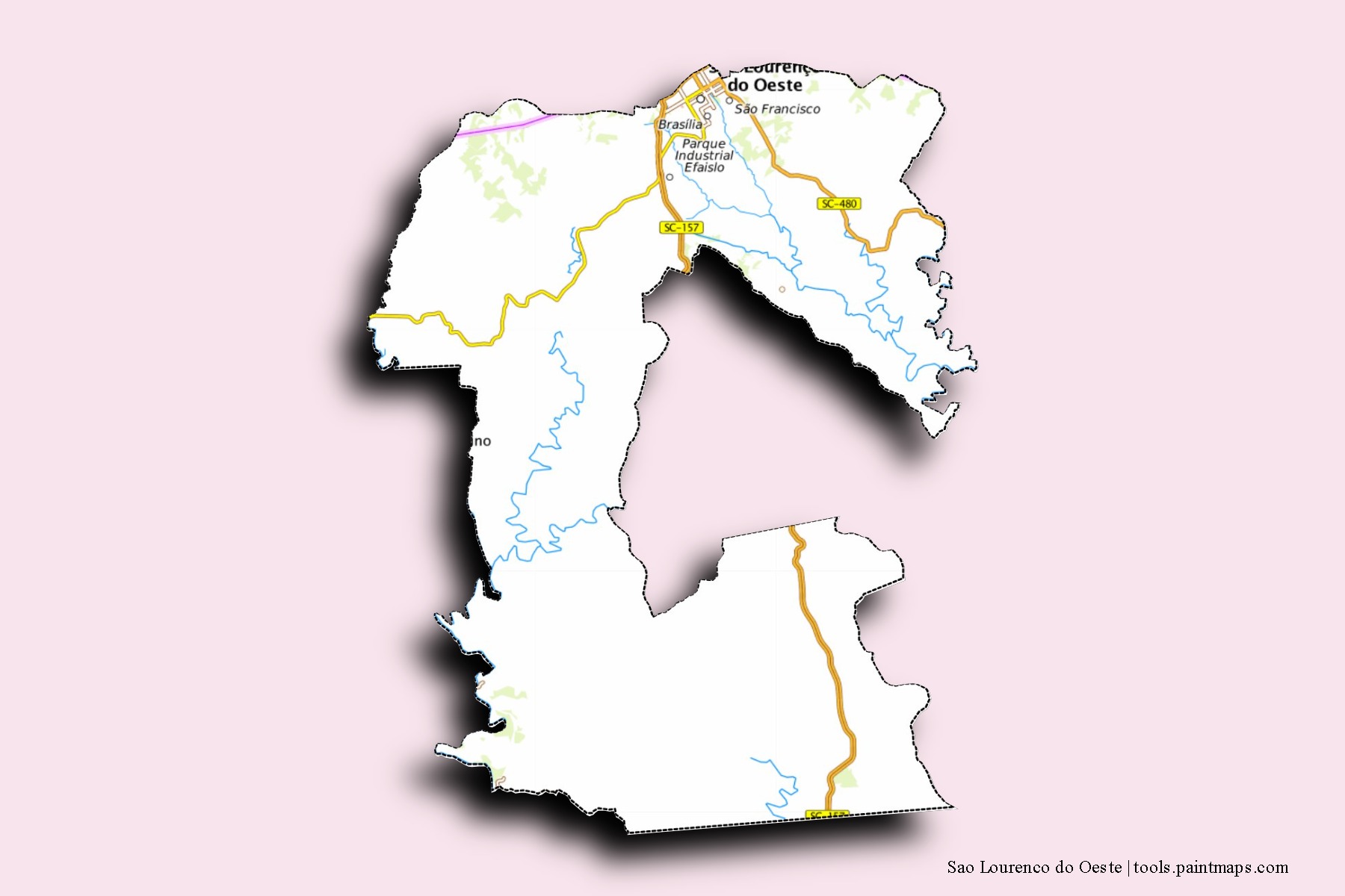 Sao Lourenco do Oeste neighborhoods and villages map with 3D shadow effect