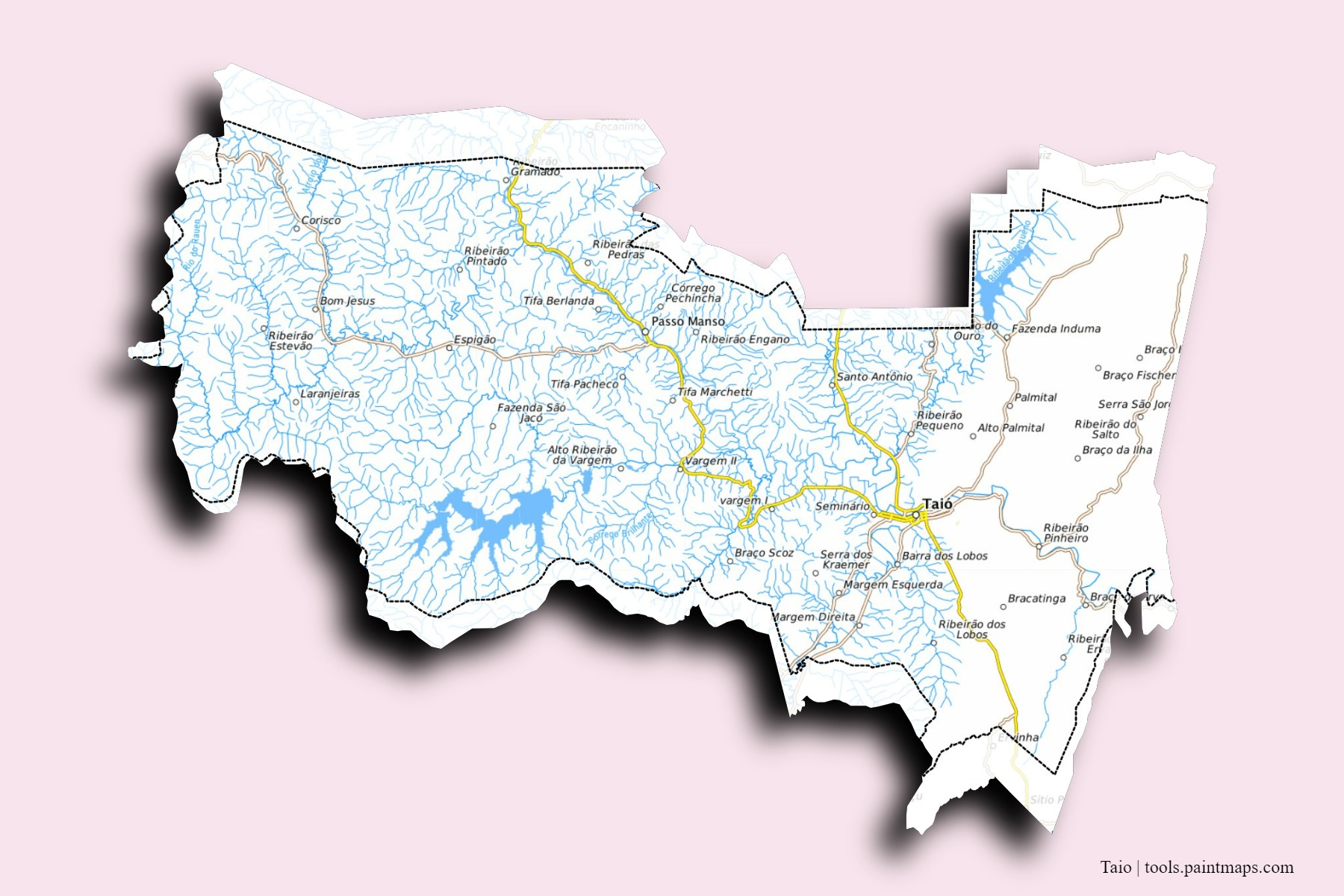 Taio neighborhoods and villages map with 3D shadow effect