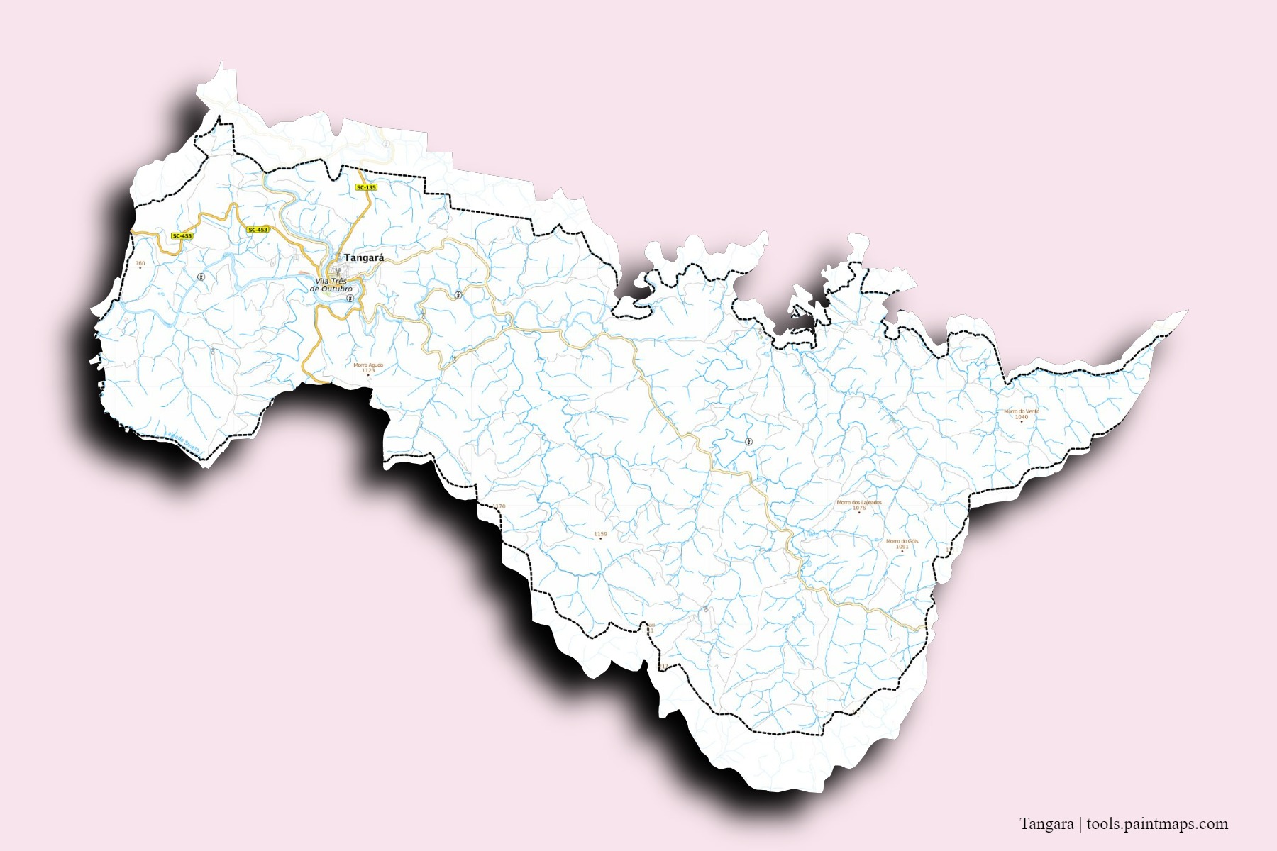 Tangara neighborhoods and villages map with 3D shadow effect