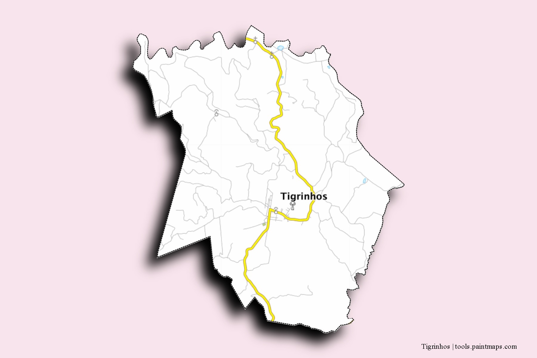 Mapa de barrios y pueblos de Tigrinhos con efecto de sombra 3D