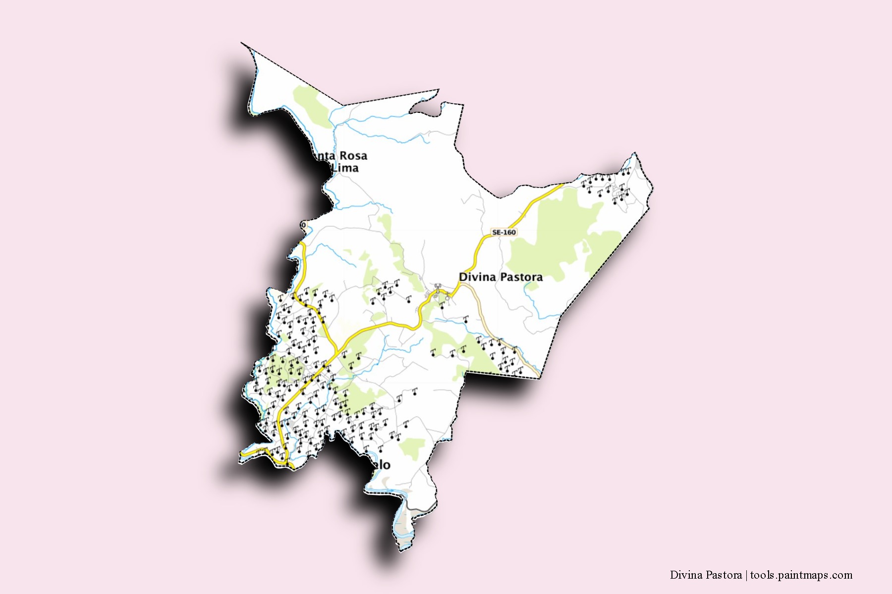 Divina Pastora neighborhoods and villages map with 3D shadow effect