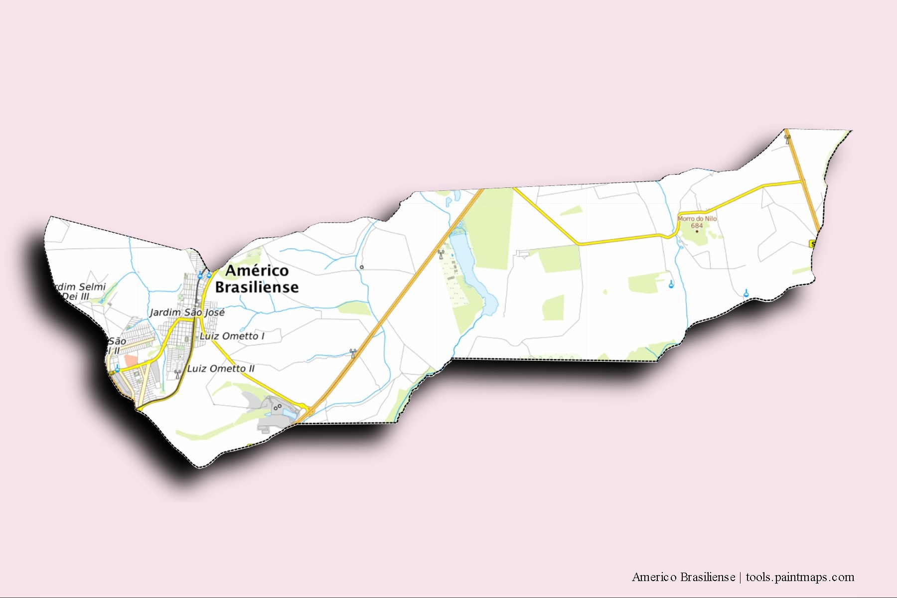 Mapa de barrios y pueblos de Americo Brasiliense con efecto de sombra 3D