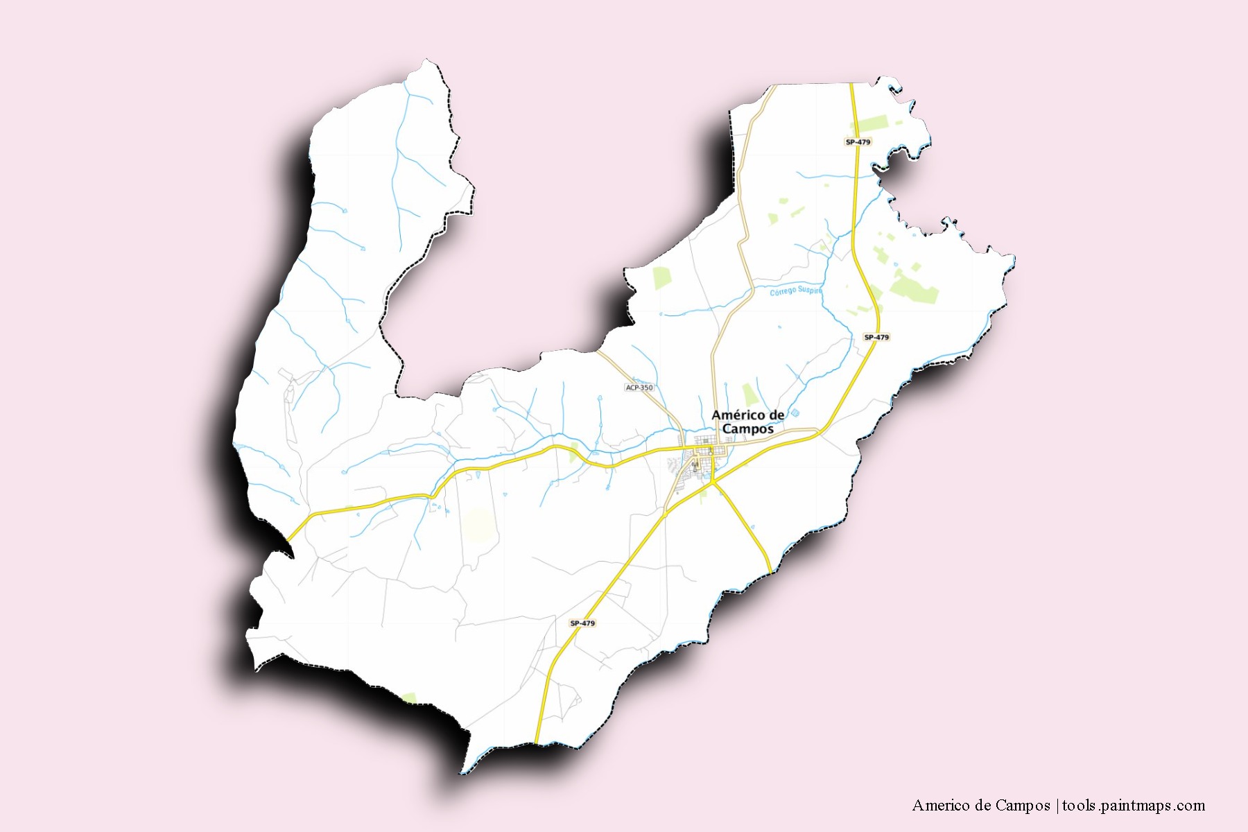 Mapa de barrios y pueblos de Americo de Campos con efecto de sombra 3D