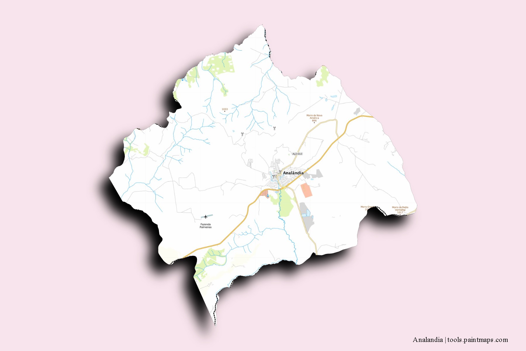 Mapa de barrios y pueblos de Analandia con efecto de sombra 3D