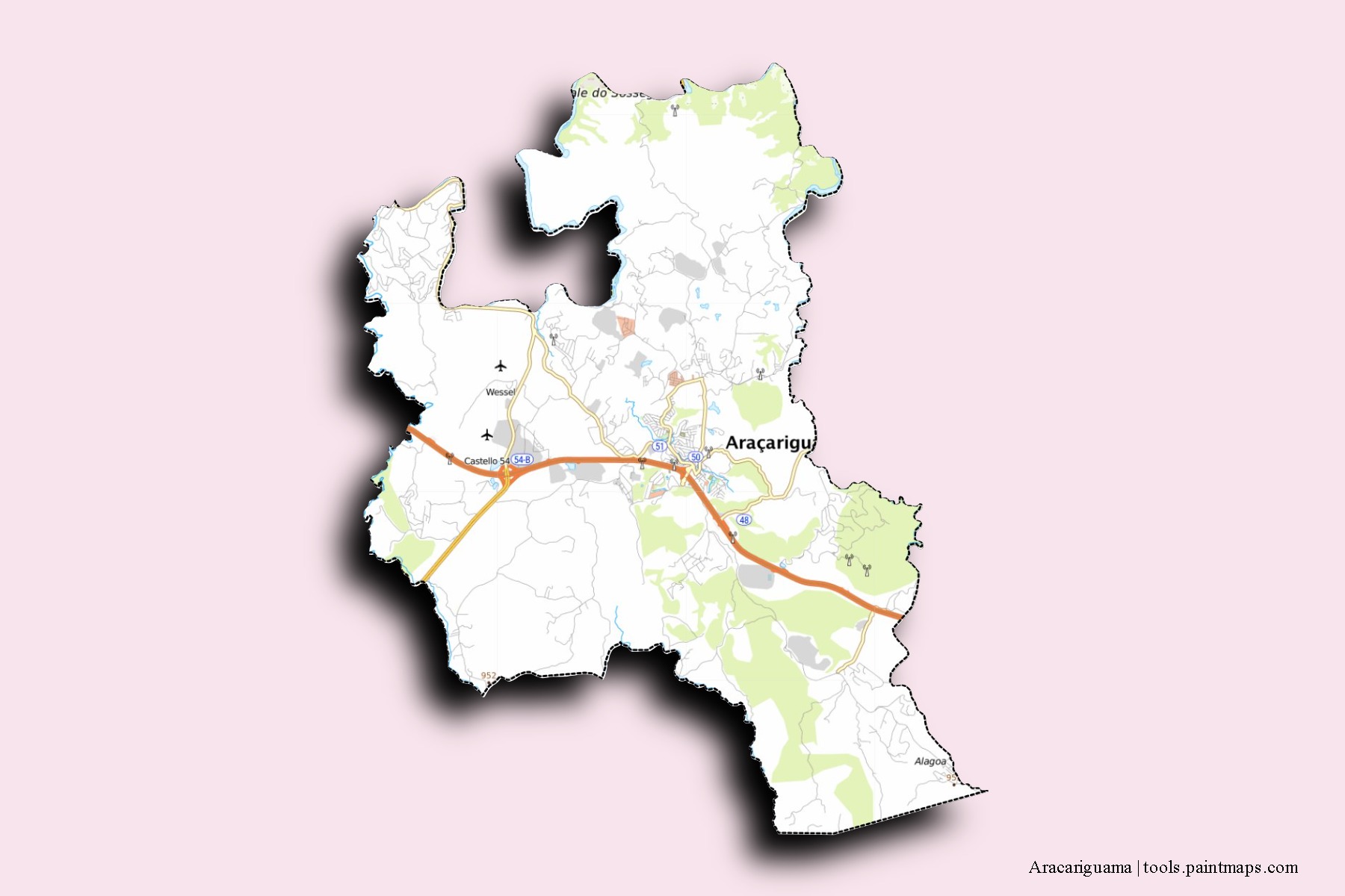 3D gölge efektli Aracariguama mahalleleri ve köyleri haritası