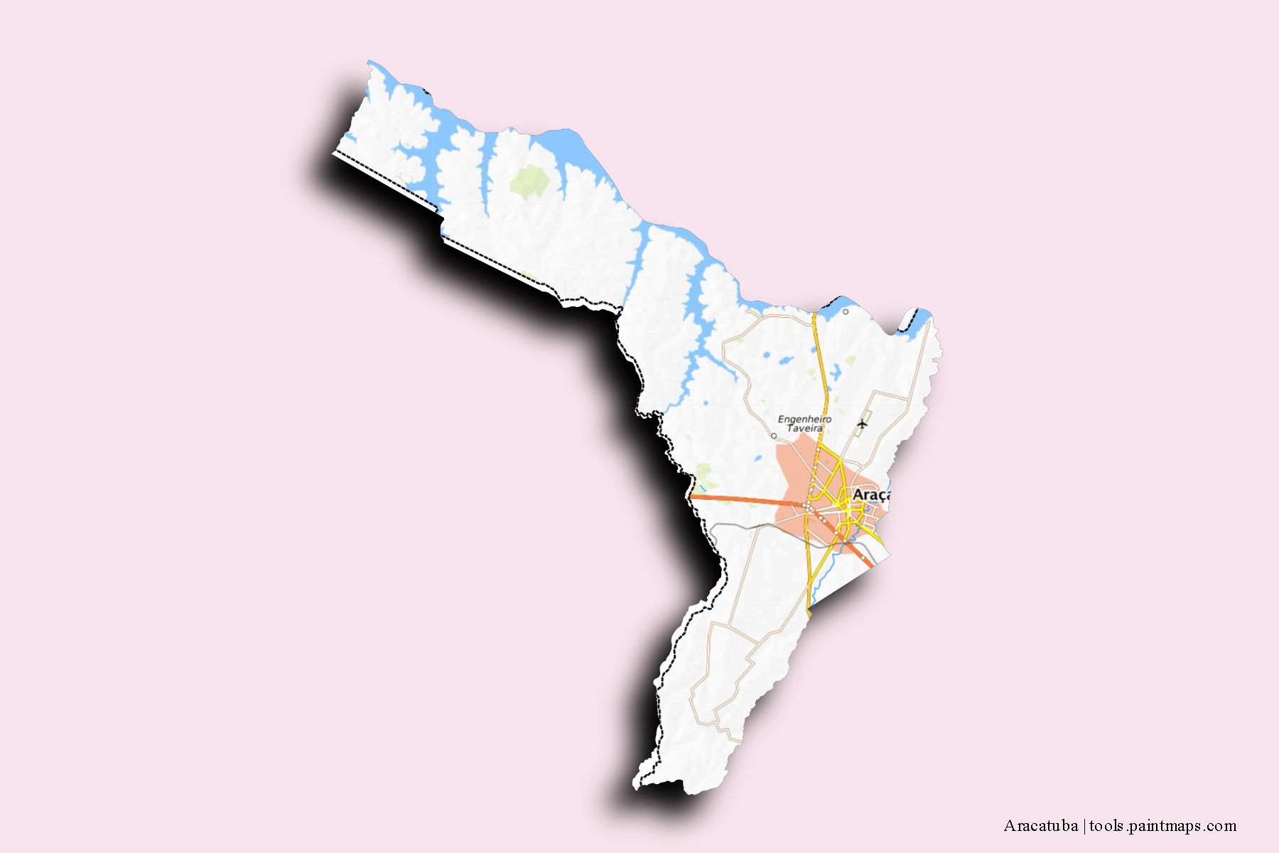 Aracatuba neighborhoods and villages map with 3D shadow effect