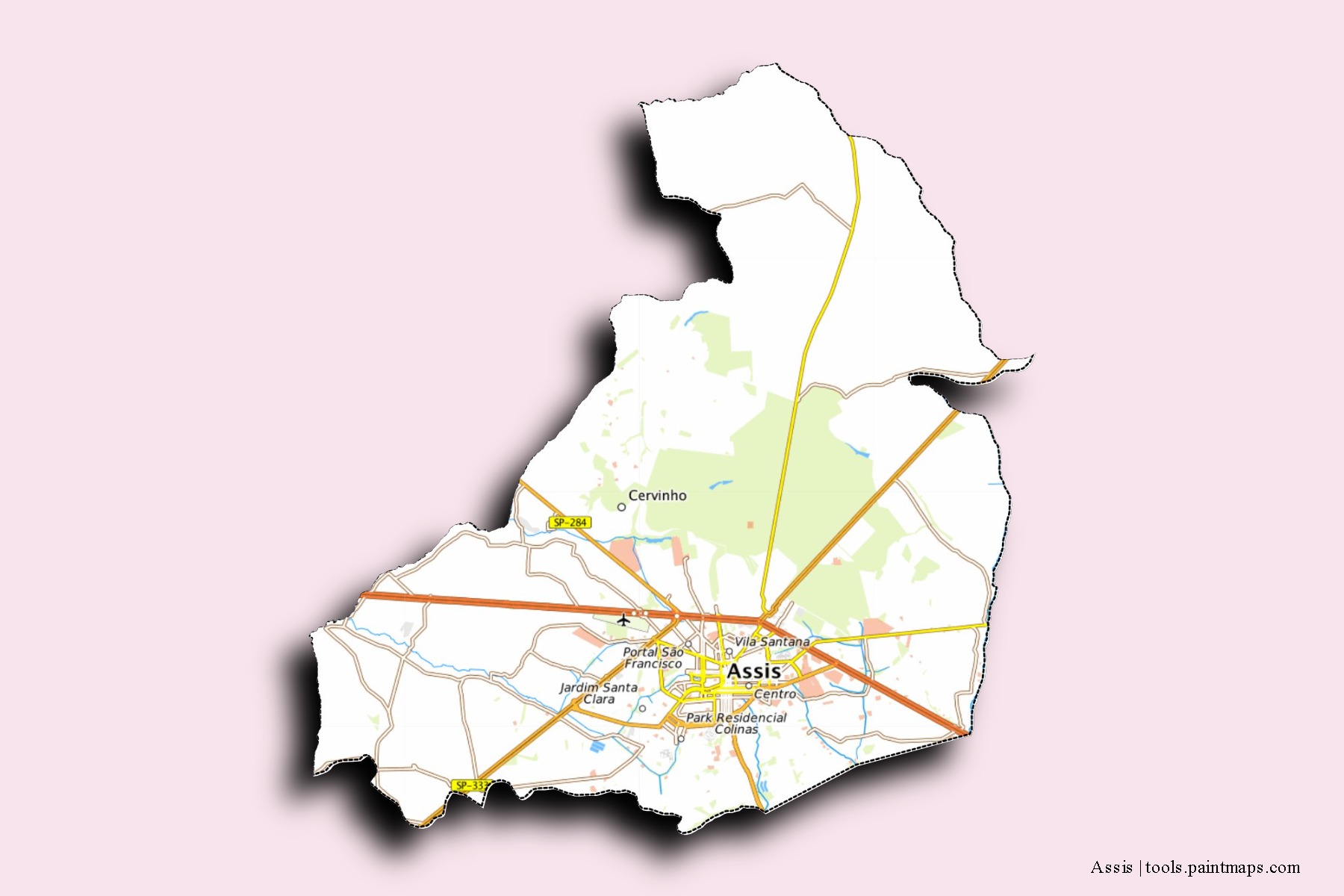 Assis neighborhoods and villages map with 3D shadow effect