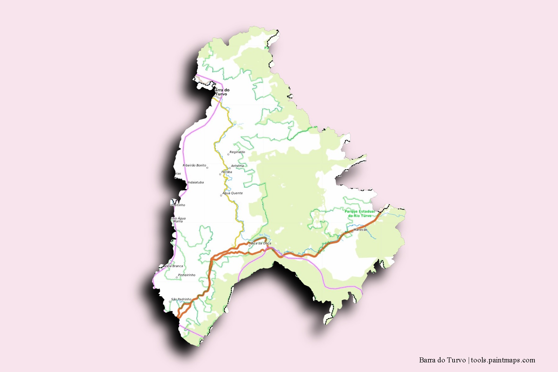 Mapa de barrios y pueblos de Barra do Turvo con efecto de sombra 3D