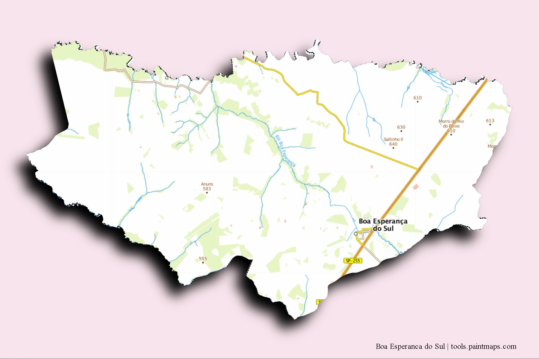 Mapa de barrios y pueblos de Boa Esperanca do Sul con efecto de sombra 3D