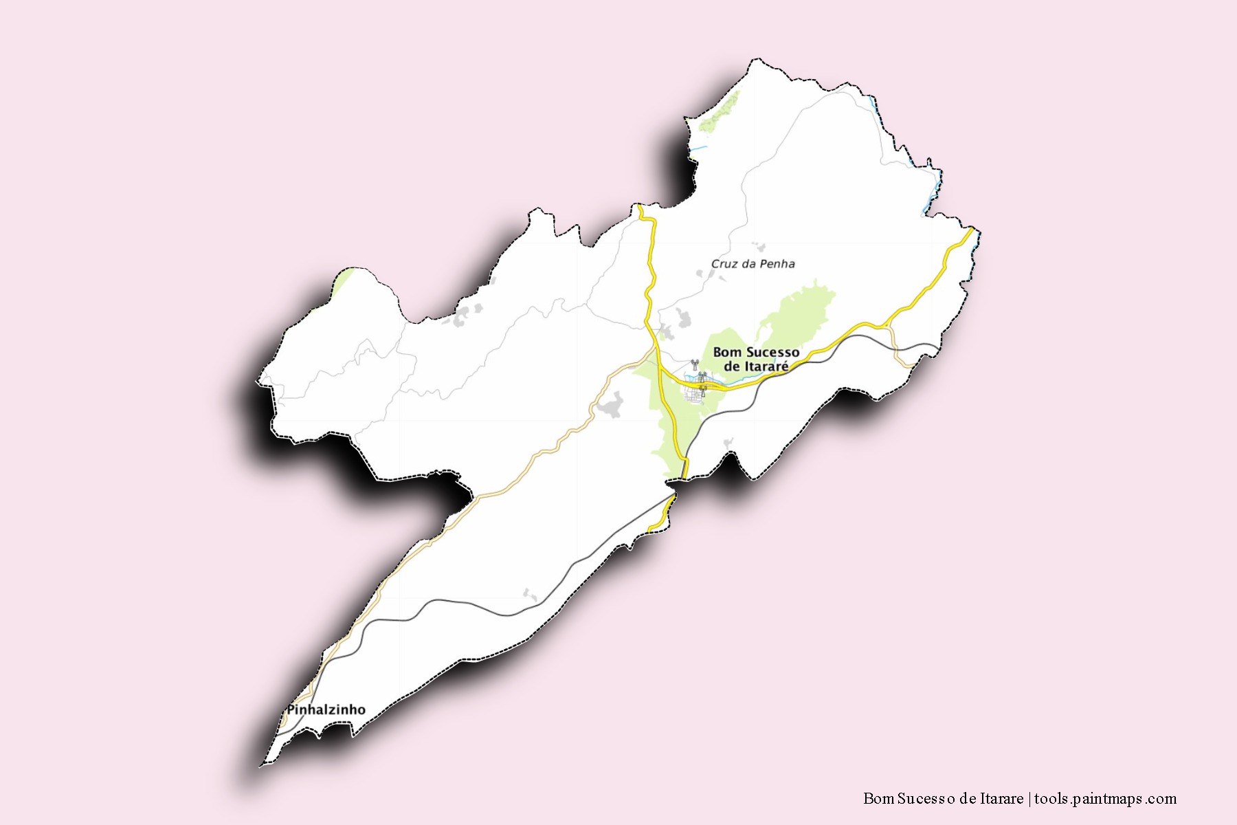 Mapa de barrios y pueblos de Bom Sucesso de Itarare con efecto de sombra 3D