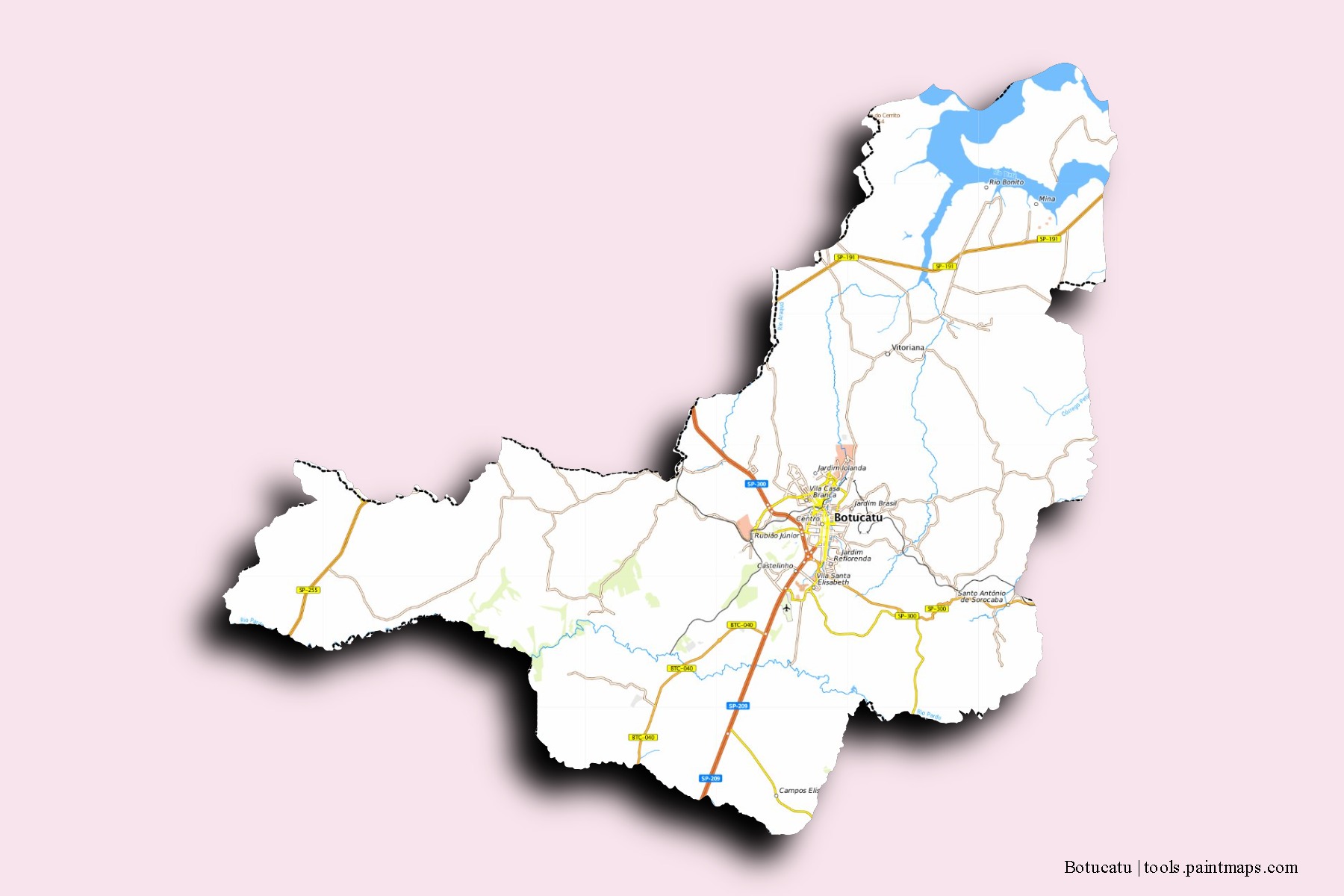 Botucatu neighborhoods and villages map with 3D shadow effect