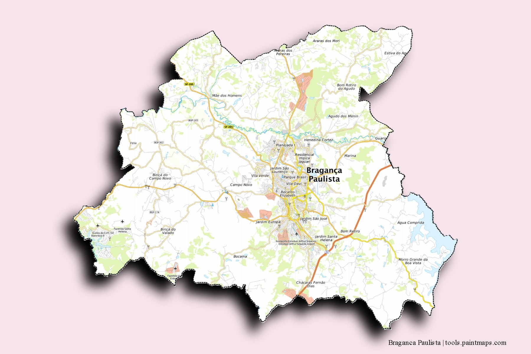 Mapa de barrios y pueblos de Braganca Paulista con efecto de sombra 3D