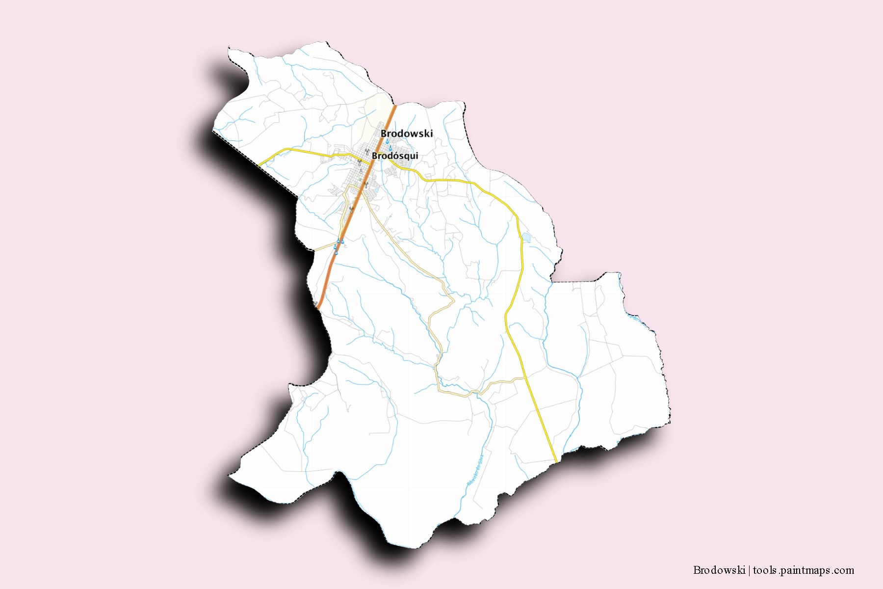 Brodowski neighborhoods and villages map with 3D shadow effect