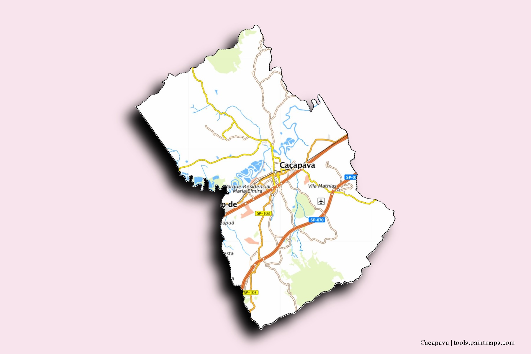 Mapa de barrios y pueblos de Cacapava con efecto de sombra 3D