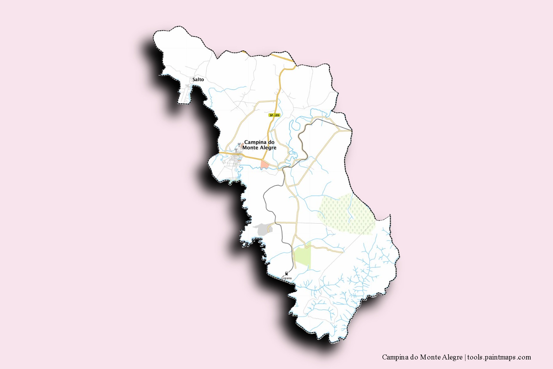 Mapa de barrios y pueblos de Campina do Monte Alegre con efecto de sombra 3D