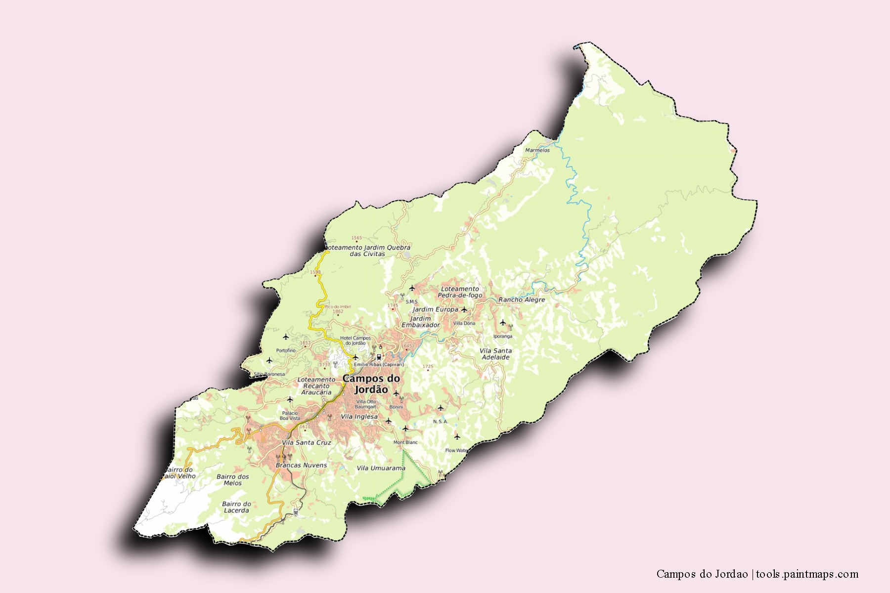 Campos do Jordao neighborhoods and villages map with 3D shadow effect