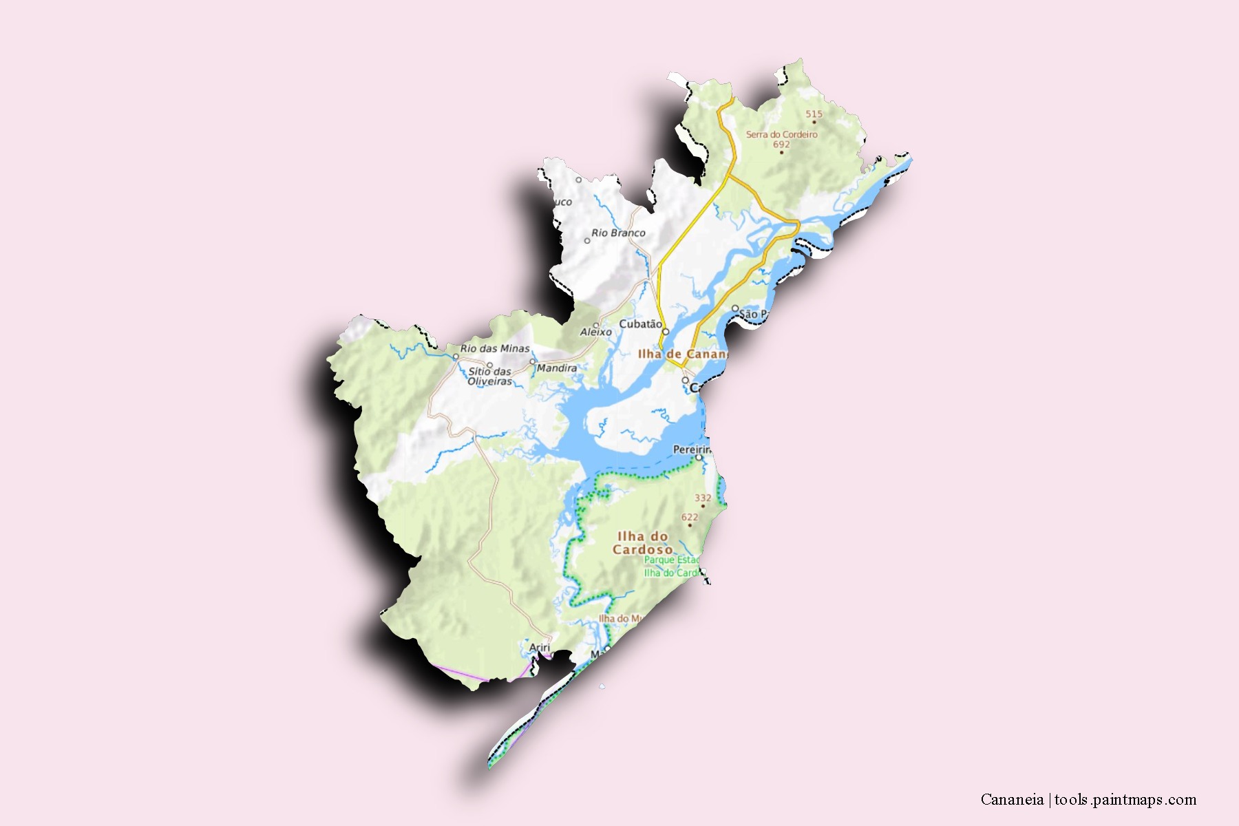 Cananeia neighborhoods and villages map with 3D shadow effect