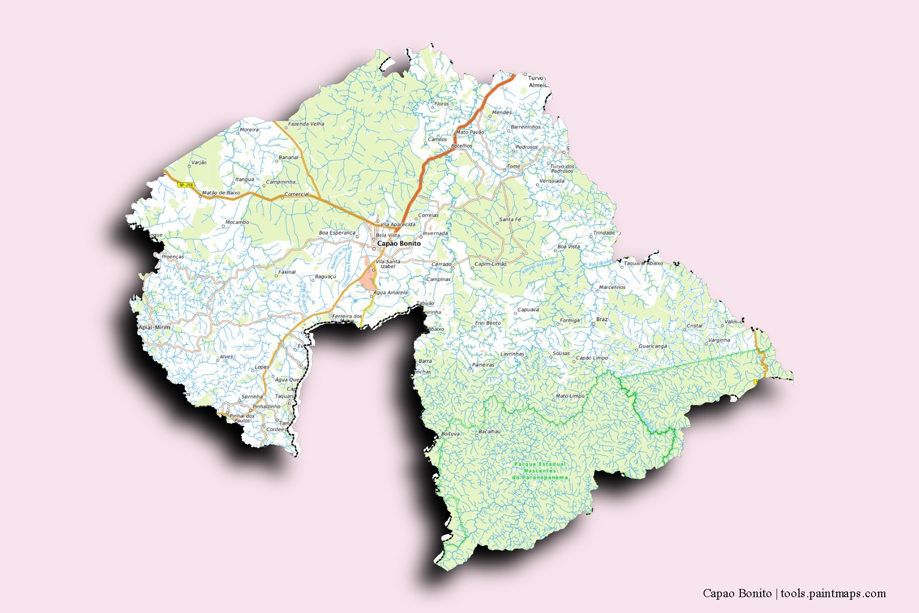 Mapa de barrios y pueblos de Capao Bonito con efecto de sombra 3D