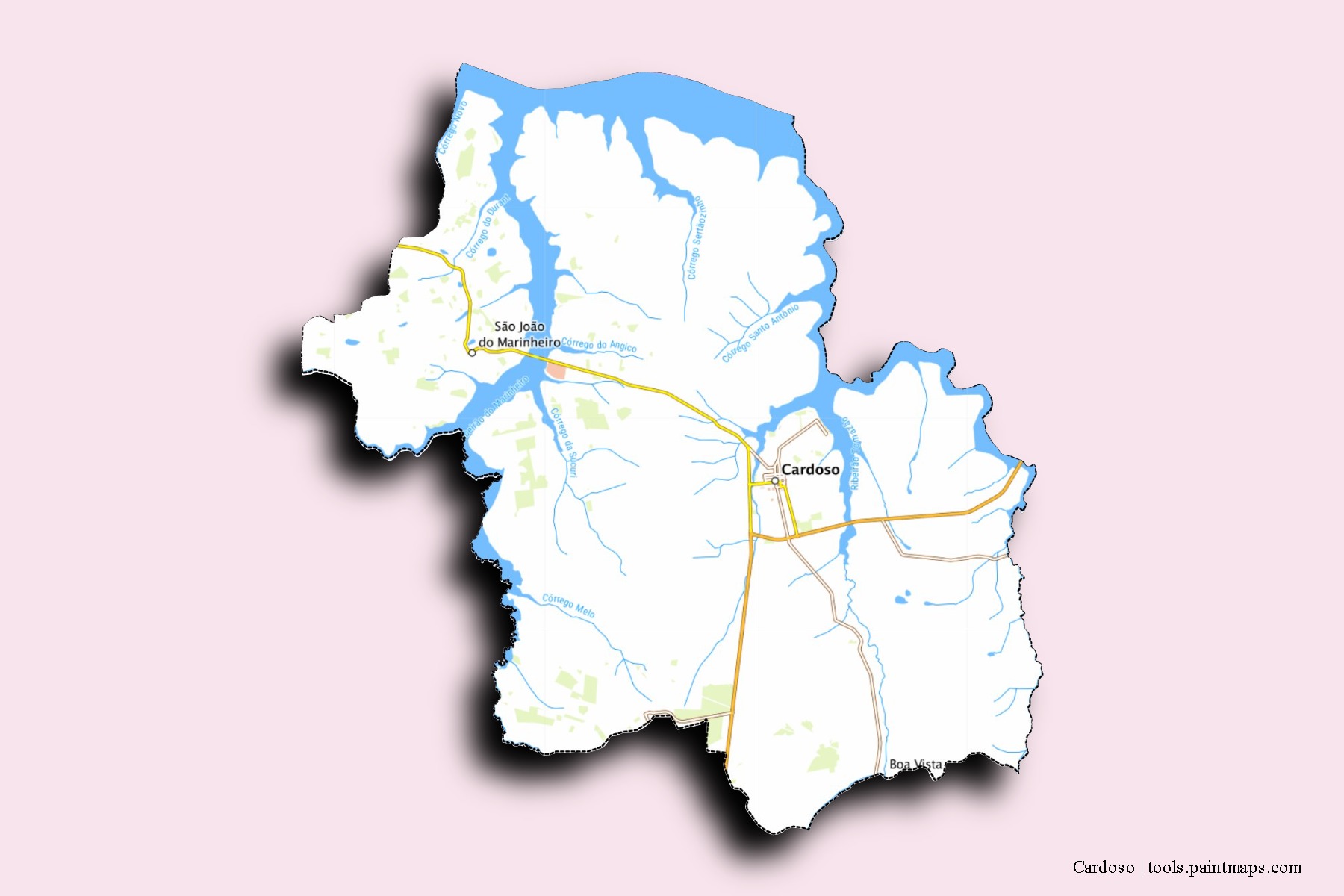 Mapa de barrios y pueblos de Cardoso con efecto de sombra 3D