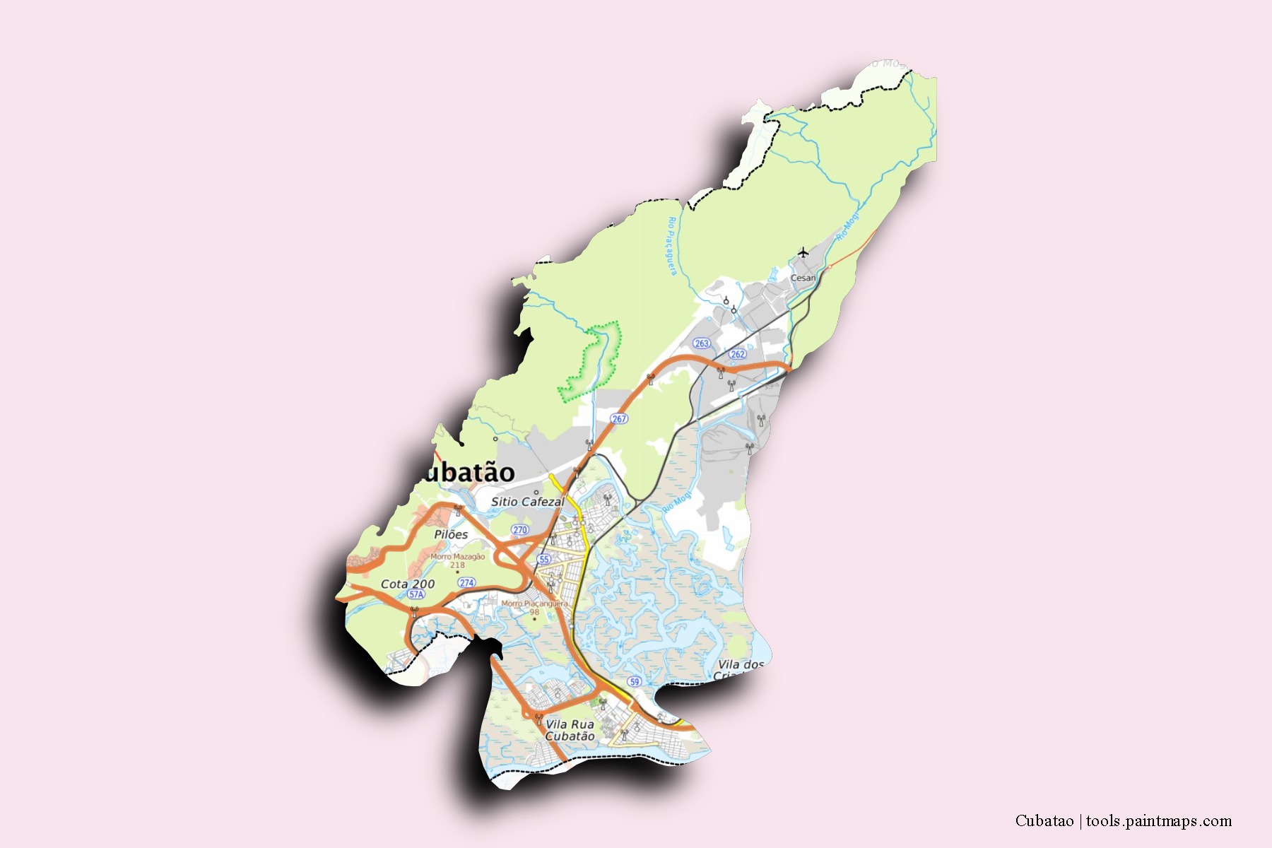 Mapa de barrios y pueblos de Cubatao con efecto de sombra 3D